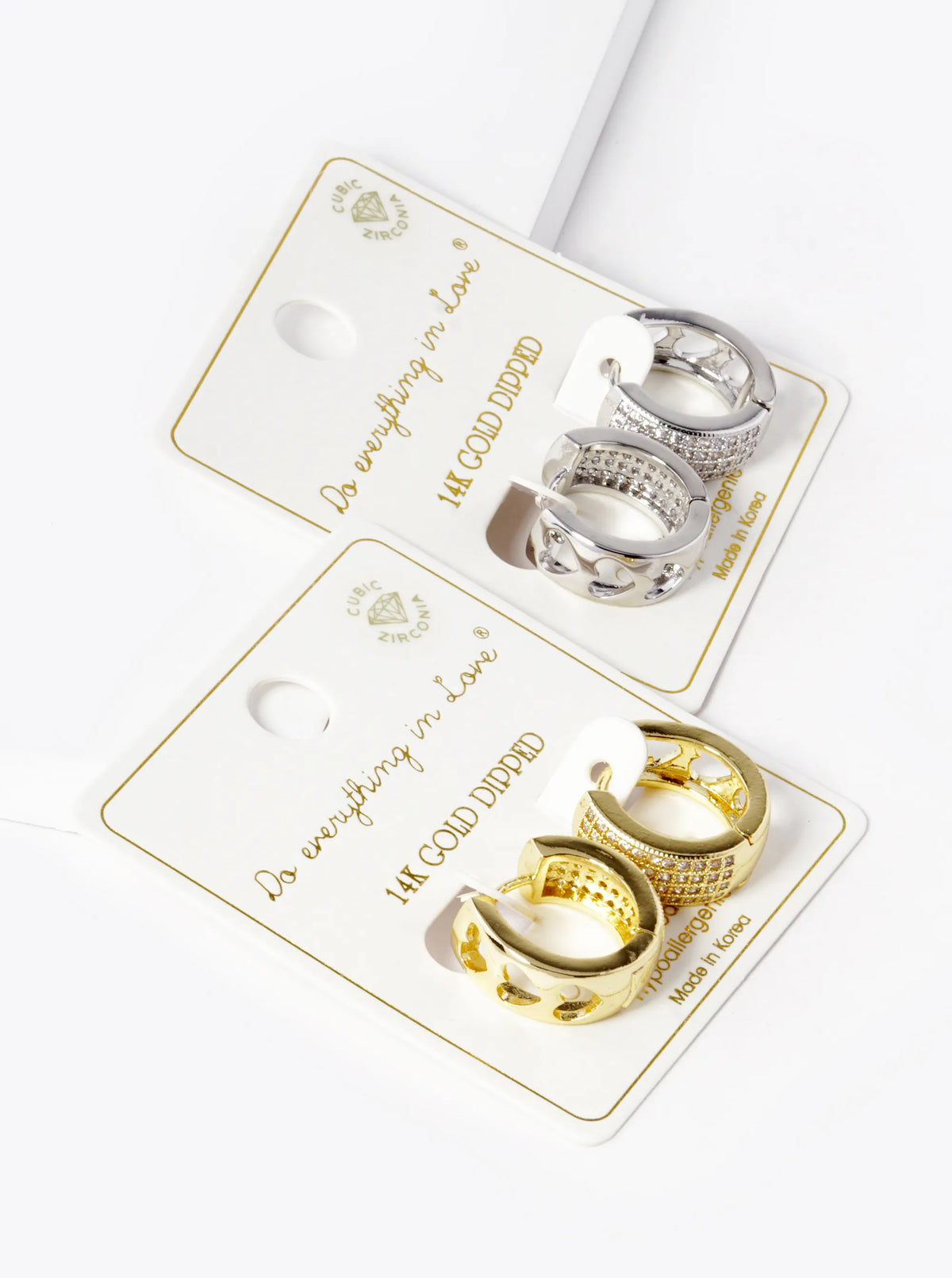 14K Gold Dipped Three Heart Cutout CZ Pave 15mm Huggie Hoop Earrings