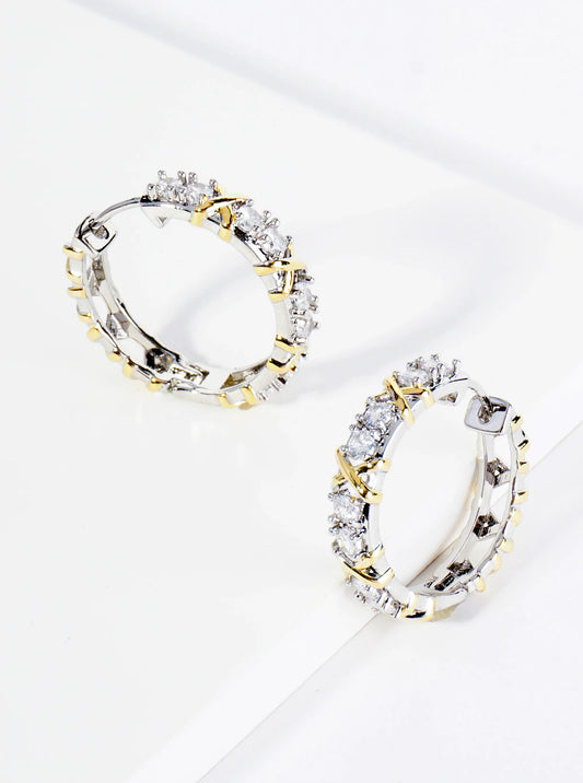 14K Gold Dipped Two-Tone Crossover Cubic Zirconia 25mm Hoop Earrings