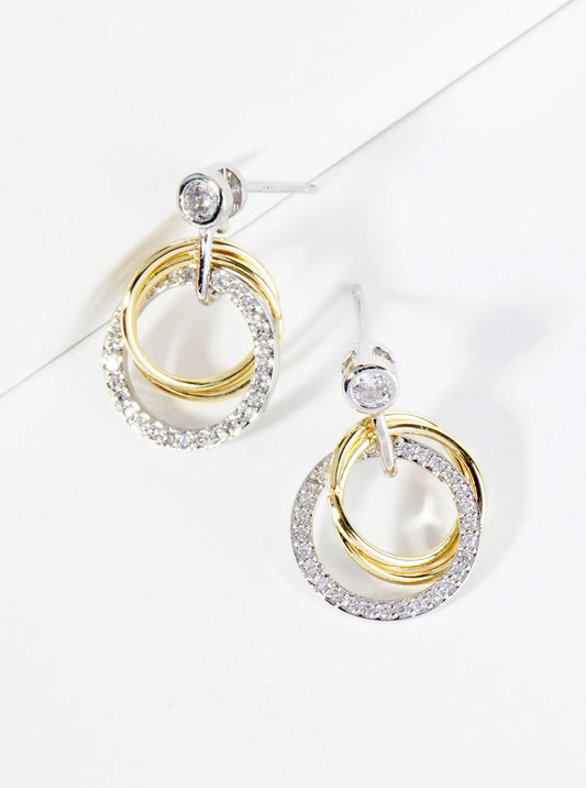 14K Gold Dipped Two-Tone Pave Set CZ Interlocking Circles Drop Post Earrings