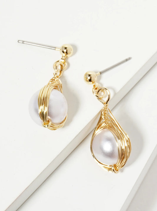 14K-Gold-Dipped Wire Wrapped 10mm Pearl Drop Dangle Earrings