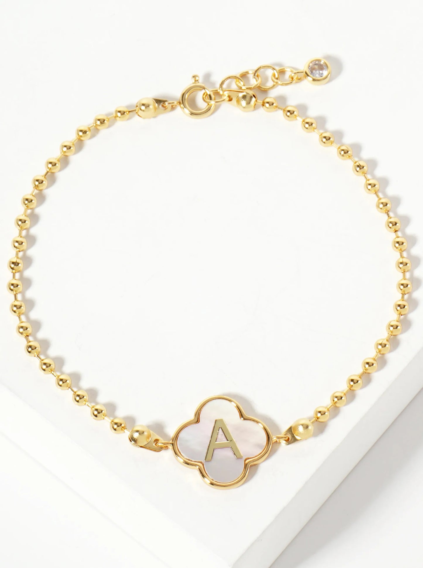 14mm 18K-Gold-Dipped Brass Mother-of-Pearl Quatrefoil Initial Monogram Ball-Chain Bracelet