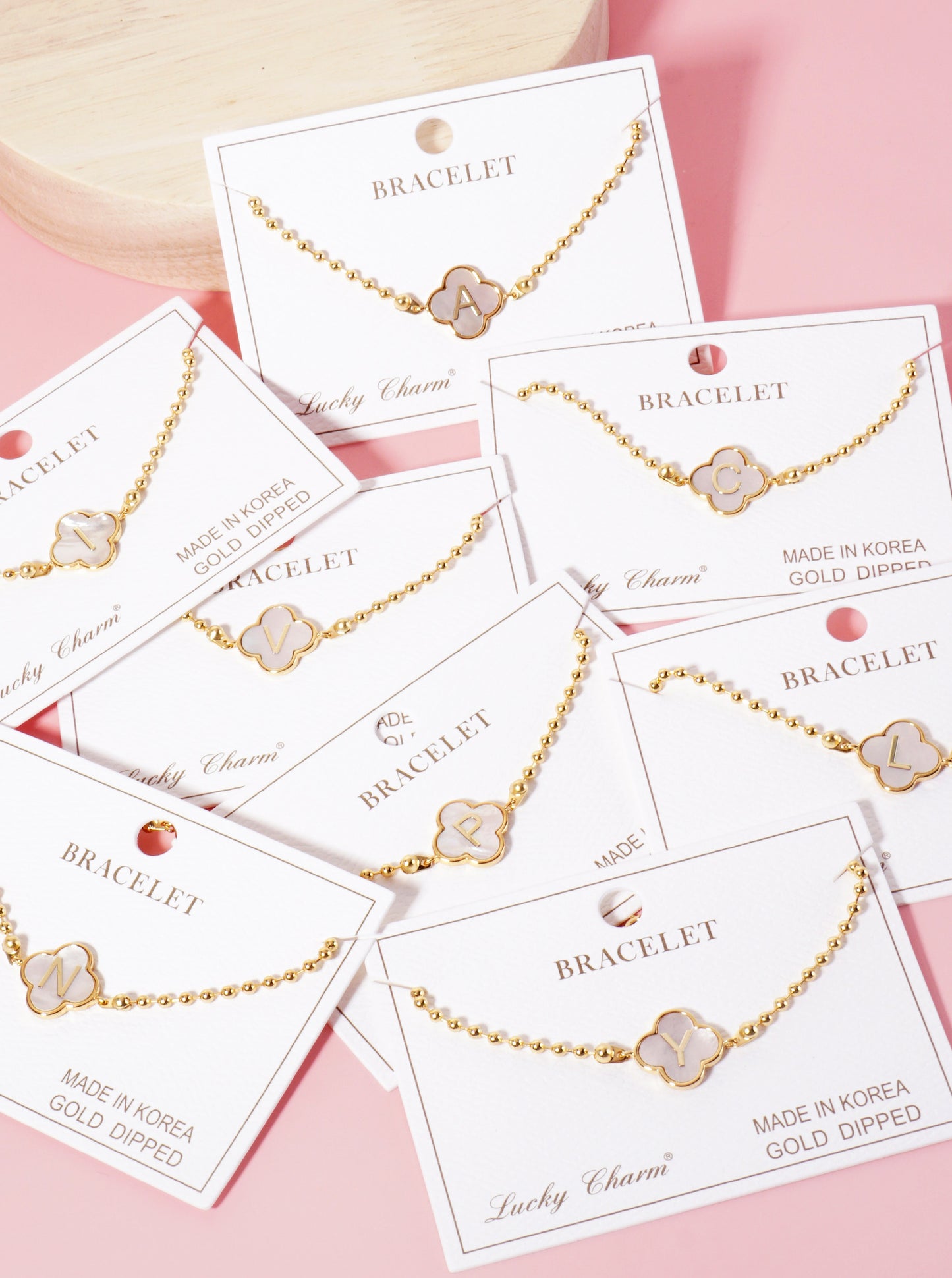 14mm 18K-Gold-Dipped Brass Mother-of-Pearl Quatrefoil Initial Monogram Ball-Chain Bracelet