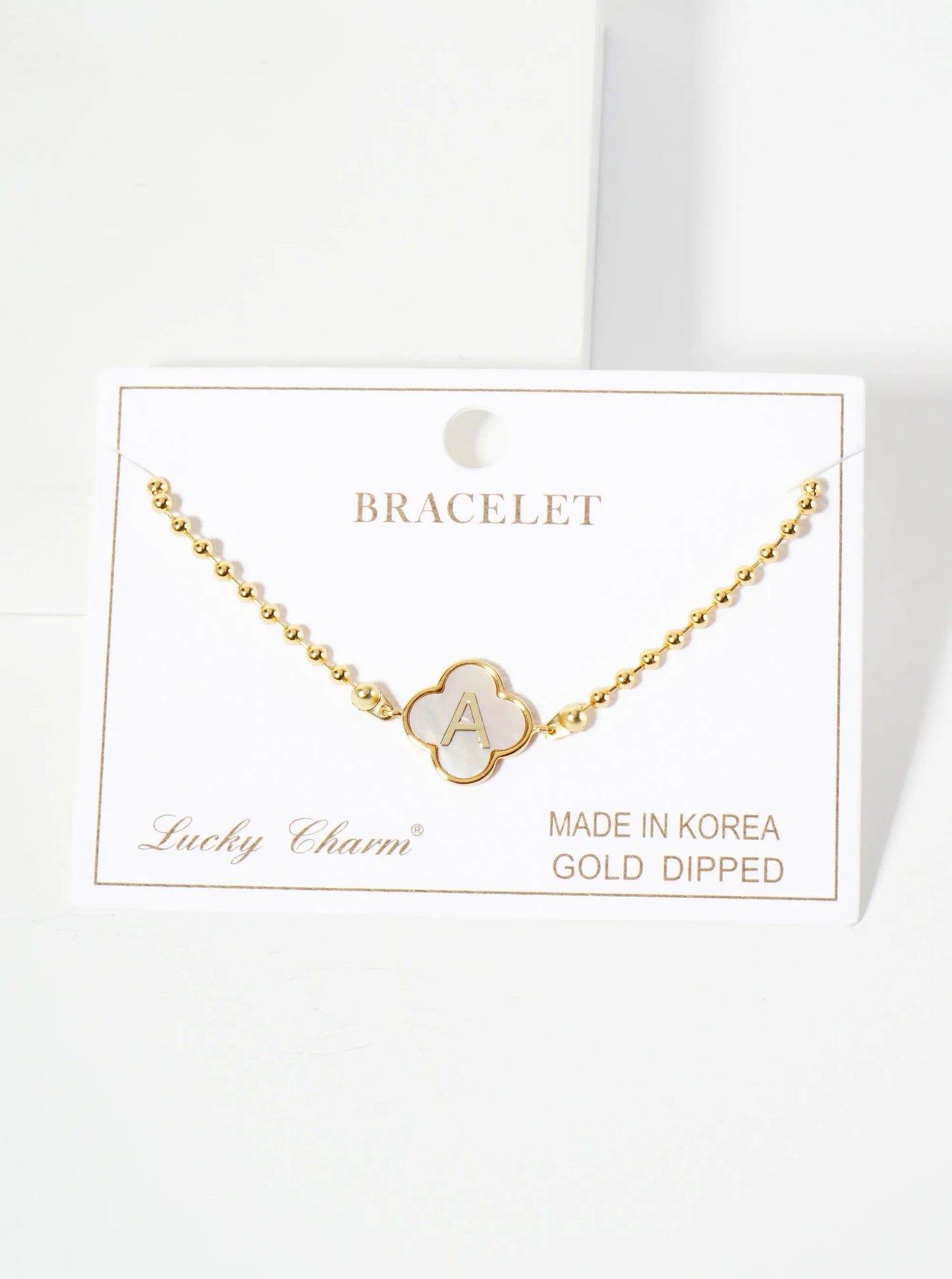 14mm 18K-Gold-Dipped Brass Mother-of-Pearl Quatrefoil Initial Monogram Ball-Chain Bracelet