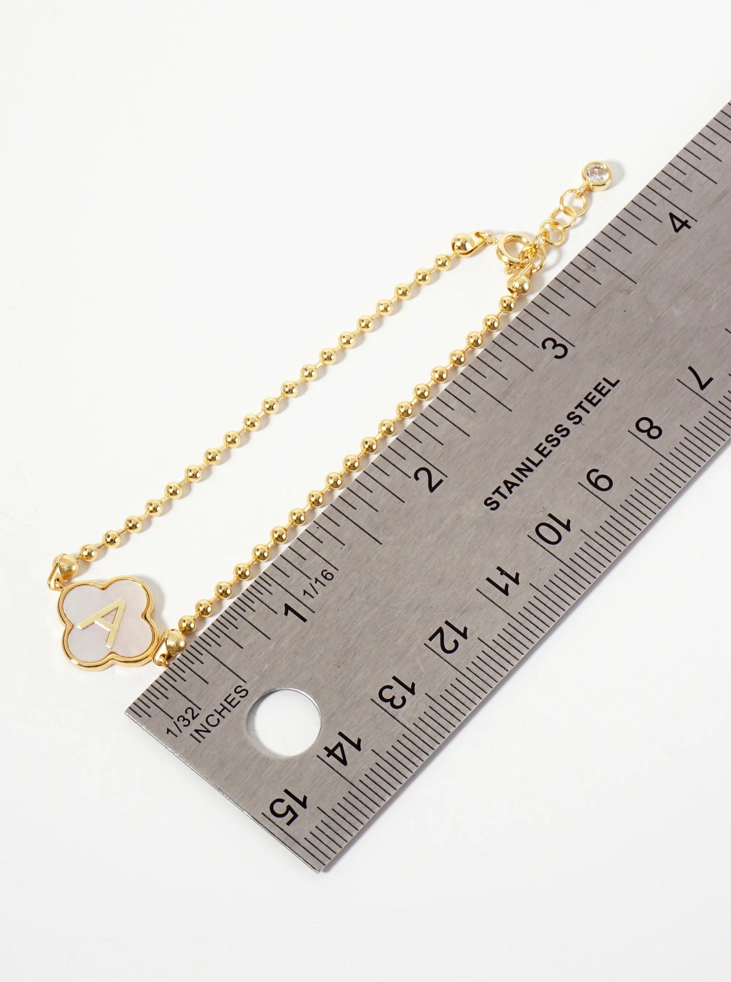 14mm 18K-Gold-Dipped Brass Mother-of-Pearl Quatrefoil Initial Monogram Ball-Chain Bracelet