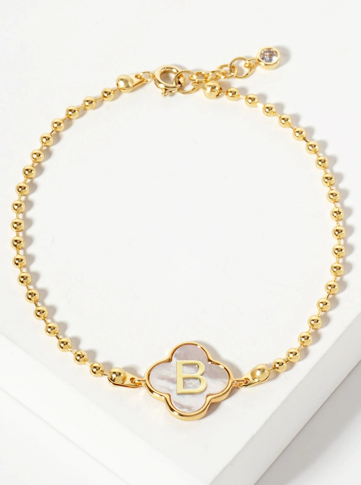 14mm 18K-Gold-Dipped Brass Mother-of-Pearl Quatrefoil Initial Monogram Ball-Chain Bracelet