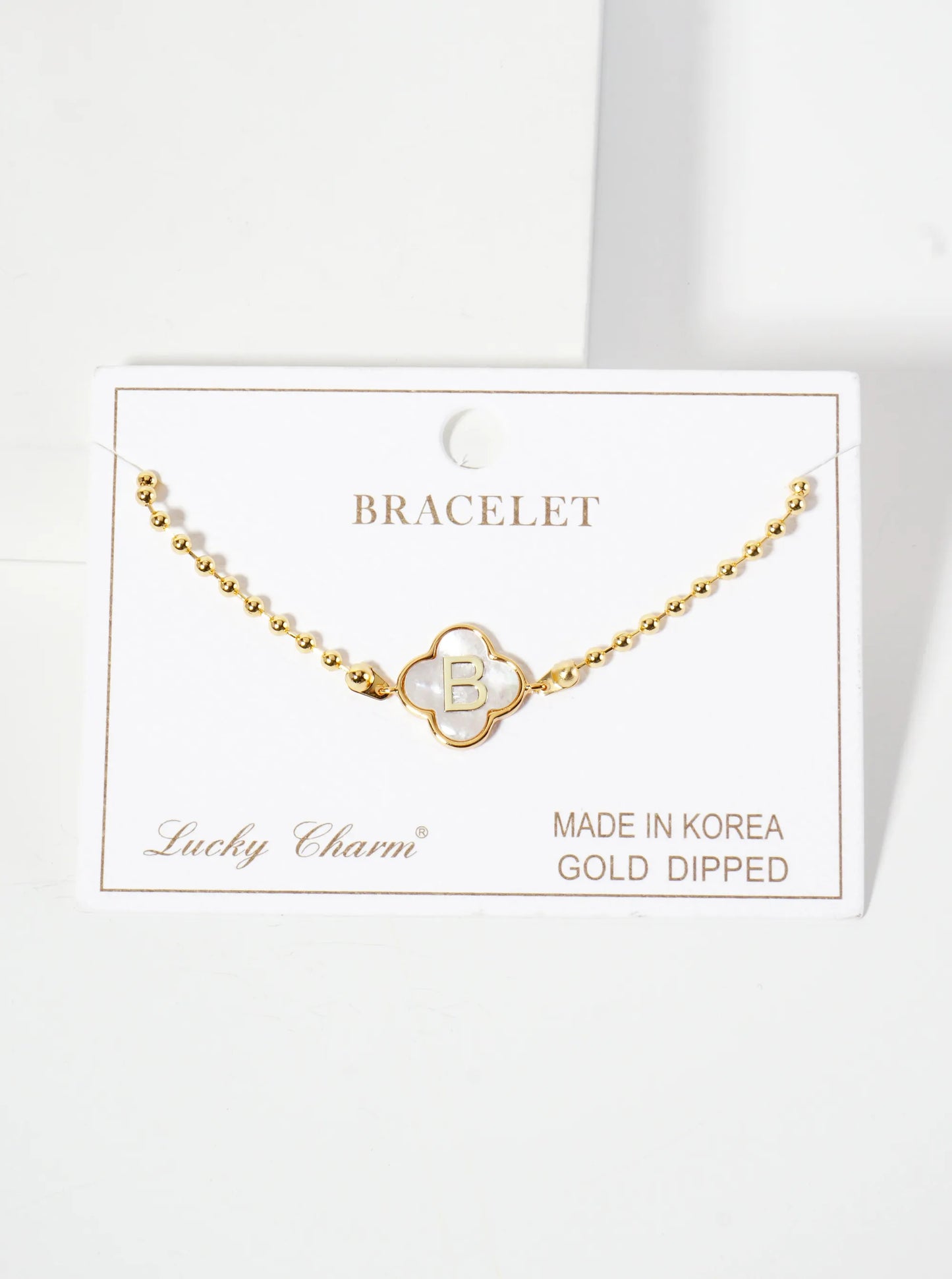 14mm 18K-Gold-Dipped Brass Mother-of-Pearl Quatrefoil Initial Monogram Ball-Chain Bracelet