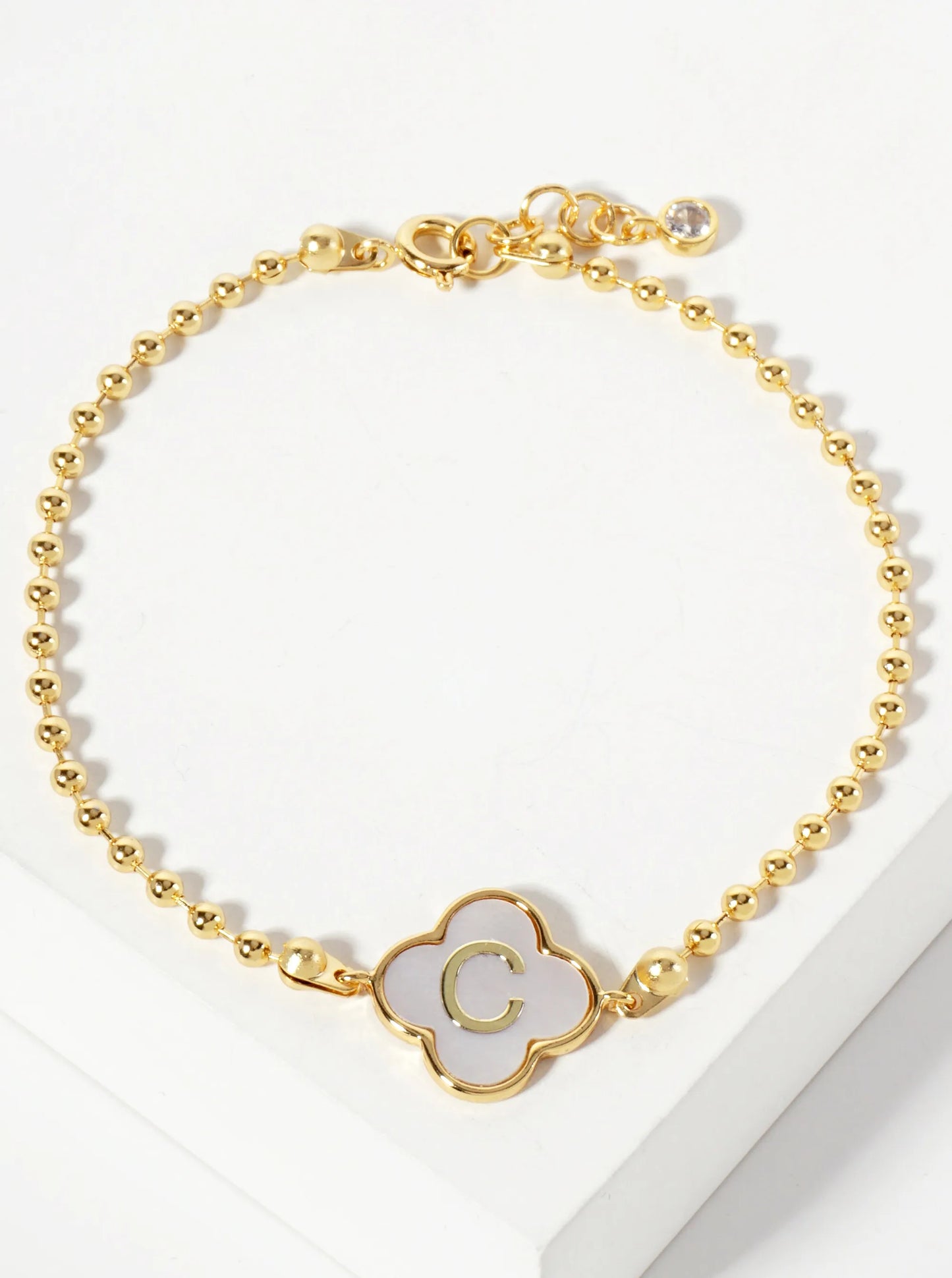 14mm 18K-Gold-Dipped Brass Mother-of-Pearl Quatrefoil Initial Monogram Ball-Chain Bracelet