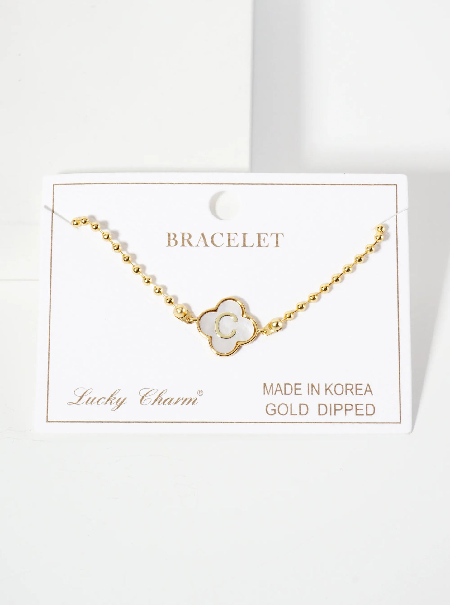 14mm 18K-Gold-Dipped Brass Mother-of-Pearl Quatrefoil Initial Monogram Ball-Chain Bracelet