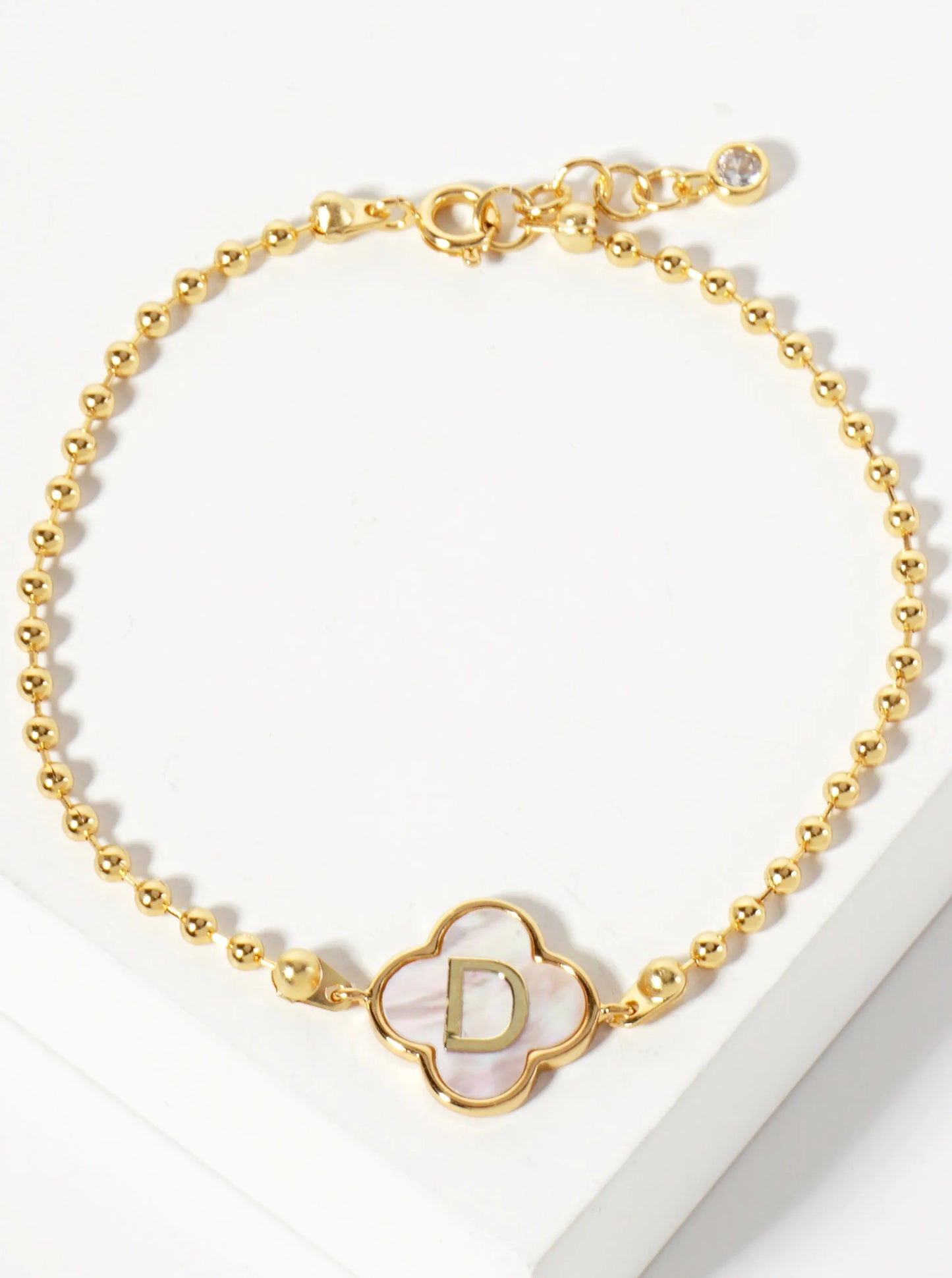 14mm 18K-Gold-Dipped Brass Mother-of-Pearl Quatrefoil Initial Monogram Ball-Chain Bracelet