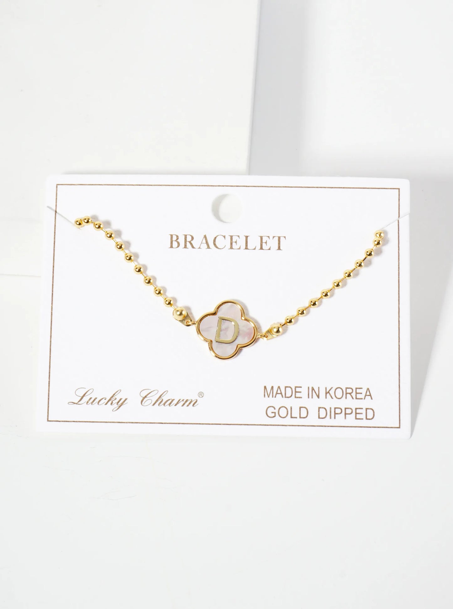 14mm 18K-Gold-Dipped Brass Mother-of-Pearl Quatrefoil Initial Monogram Ball-Chain Bracelet
