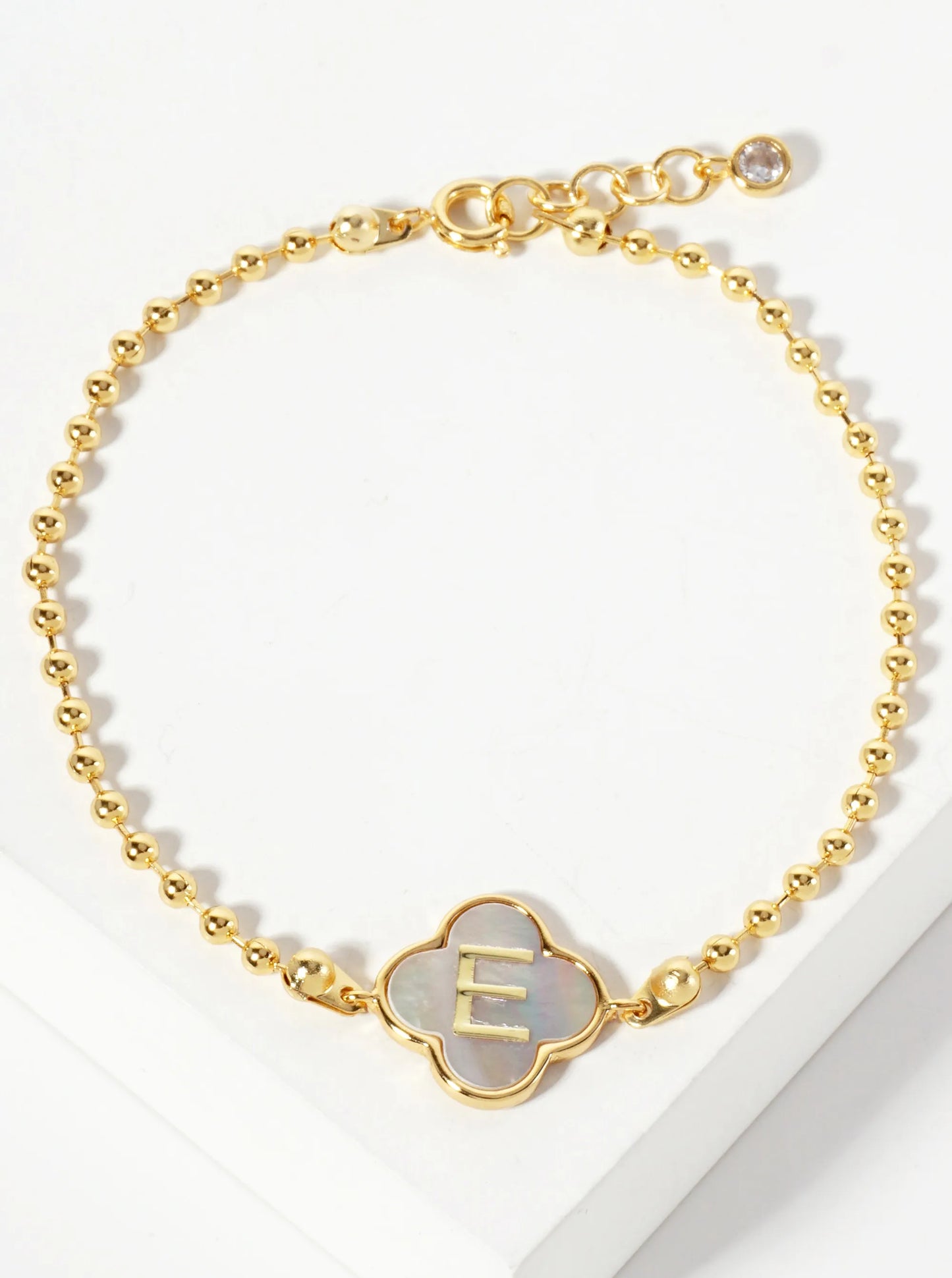 14mm 18K-Gold-Dipped Brass Mother-of-Pearl Quatrefoil Initial Monogram Ball-Chain Bracelet