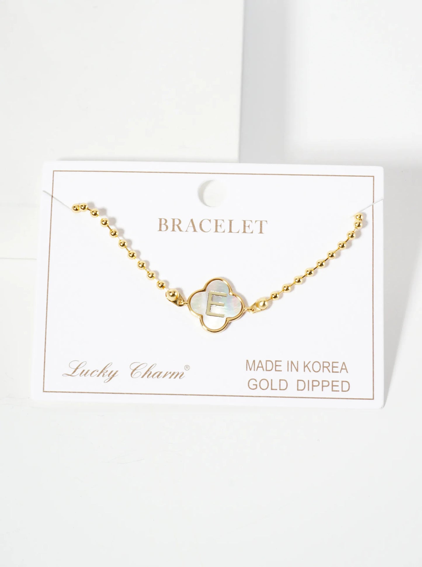 14mm 18K-Gold-Dipped Brass Mother-of-Pearl Quatrefoil Initial Monogram Ball-Chain Bracelet
