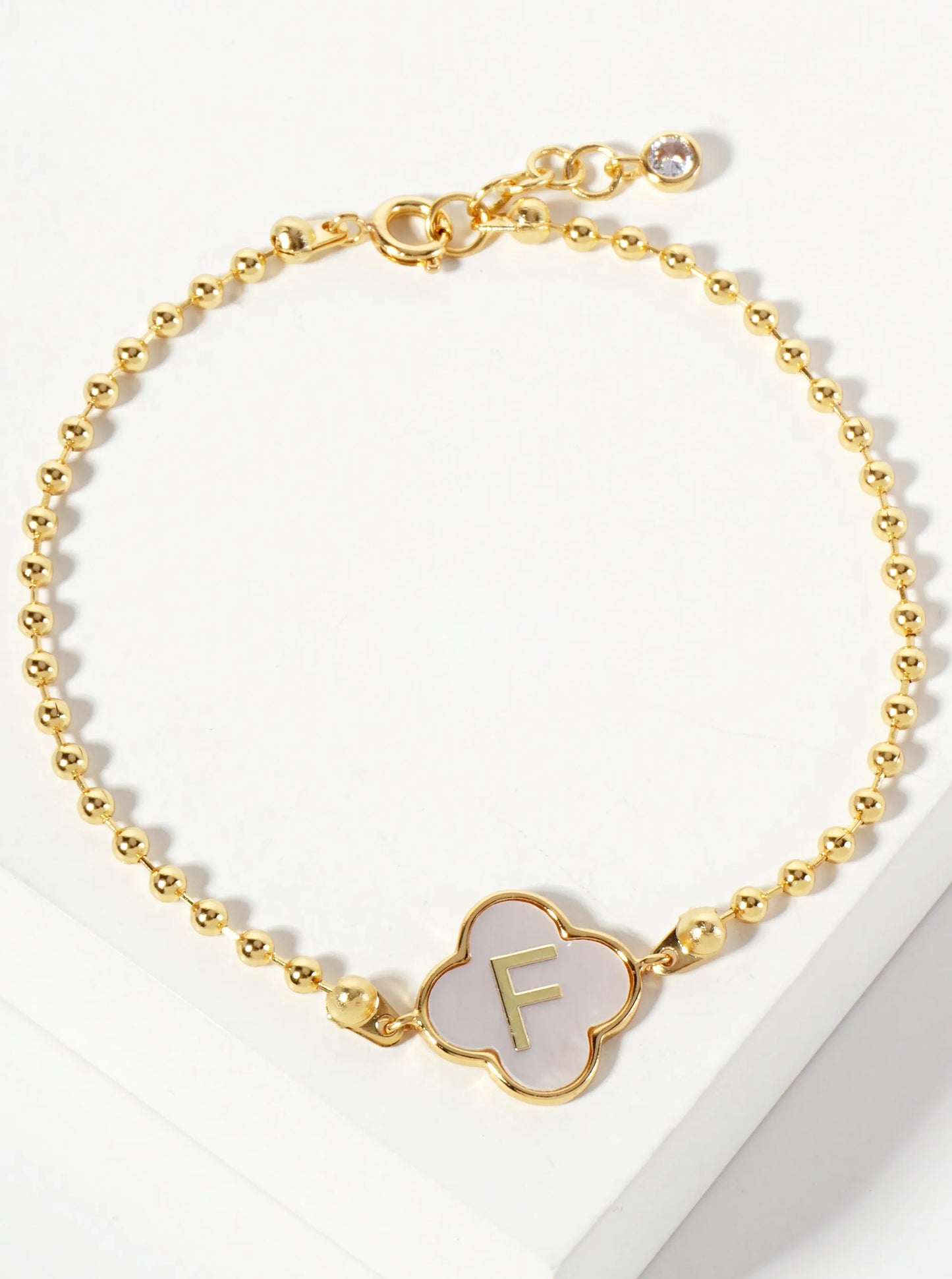 14mm 18K-Gold-Dipped Brass Mother-of-Pearl Quatrefoil Initial Monogram Ball-Chain Bracelet