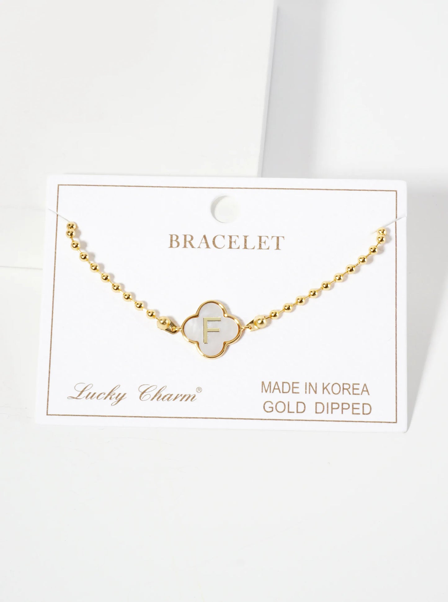 14mm 18K-Gold-Dipped Brass Mother-of-Pearl Quatrefoil Initial Monogram Ball-Chain Bracelet