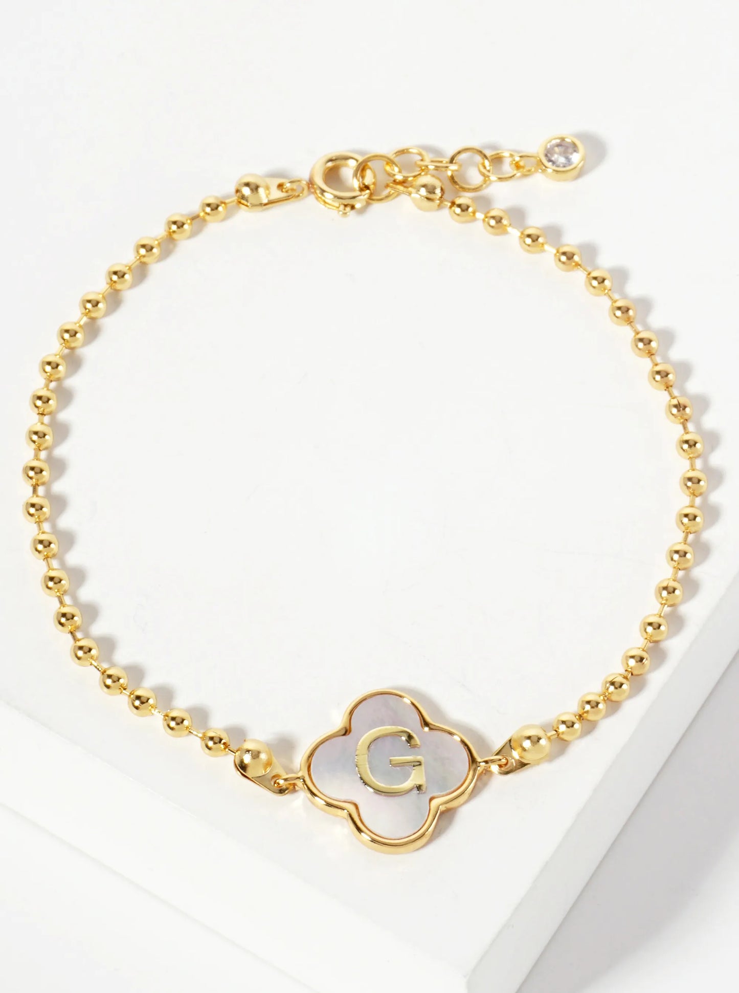 14mm 18K-Gold-Dipped Brass Mother-of-Pearl Quatrefoil Initial Monogram Ball-Chain Bracelet