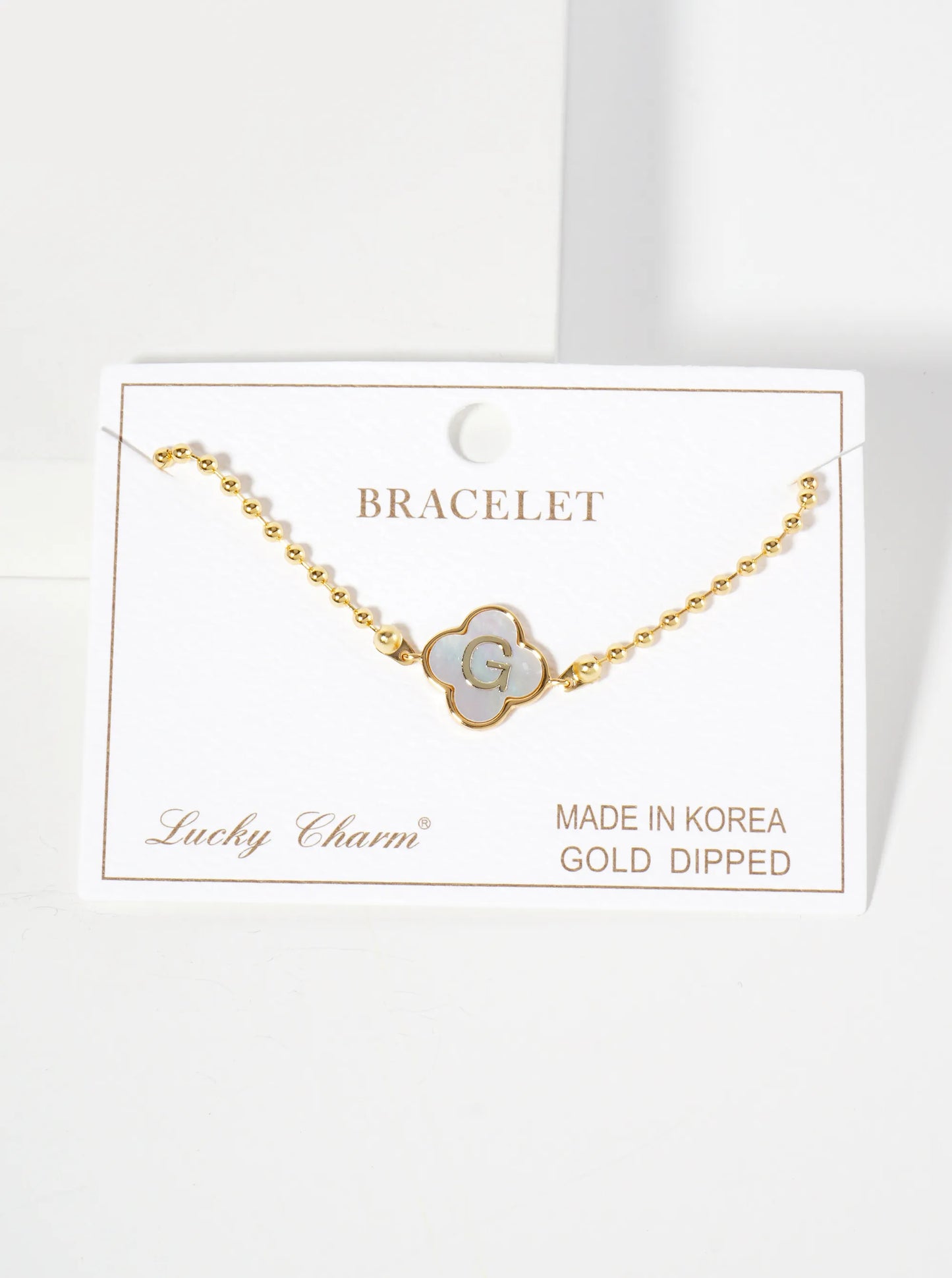 14mm 18K-Gold-Dipped Brass Mother-of-Pearl Quatrefoil Initial Monogram Ball-Chain Bracelet
