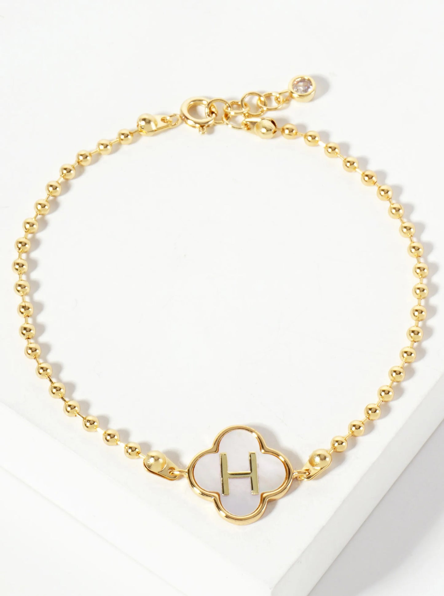 14mm 18K-Gold-Dipped Brass Mother-of-Pearl Quatrefoil Initial Monogram Ball-Chain Bracelet