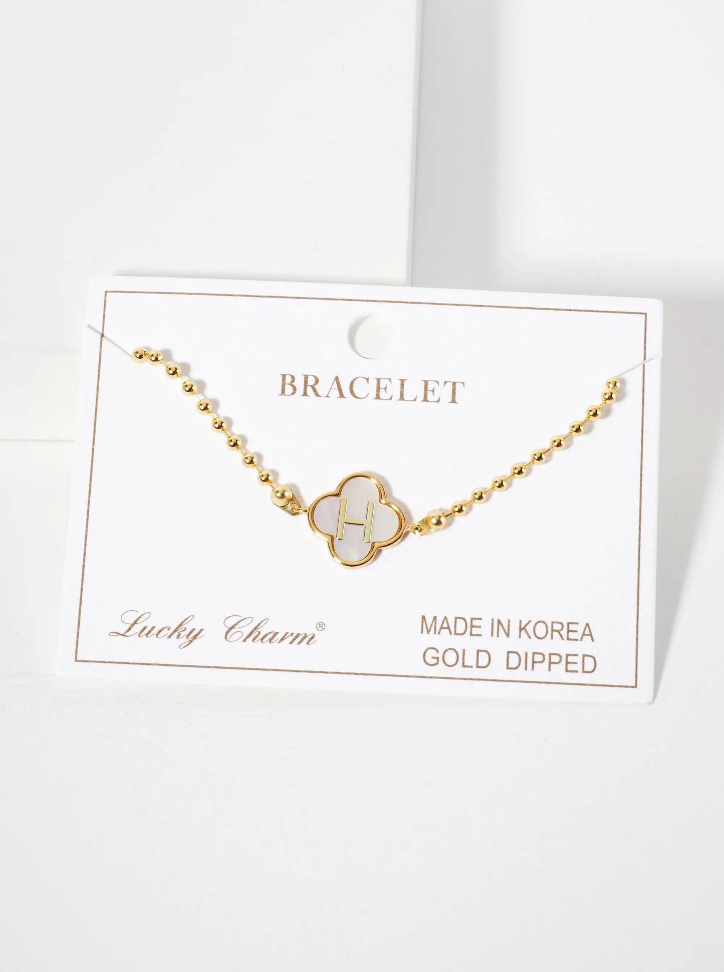 14mm 18K-Gold-Dipped Brass Mother-of-Pearl Quatrefoil Initial Monogram Ball-Chain Bracelet