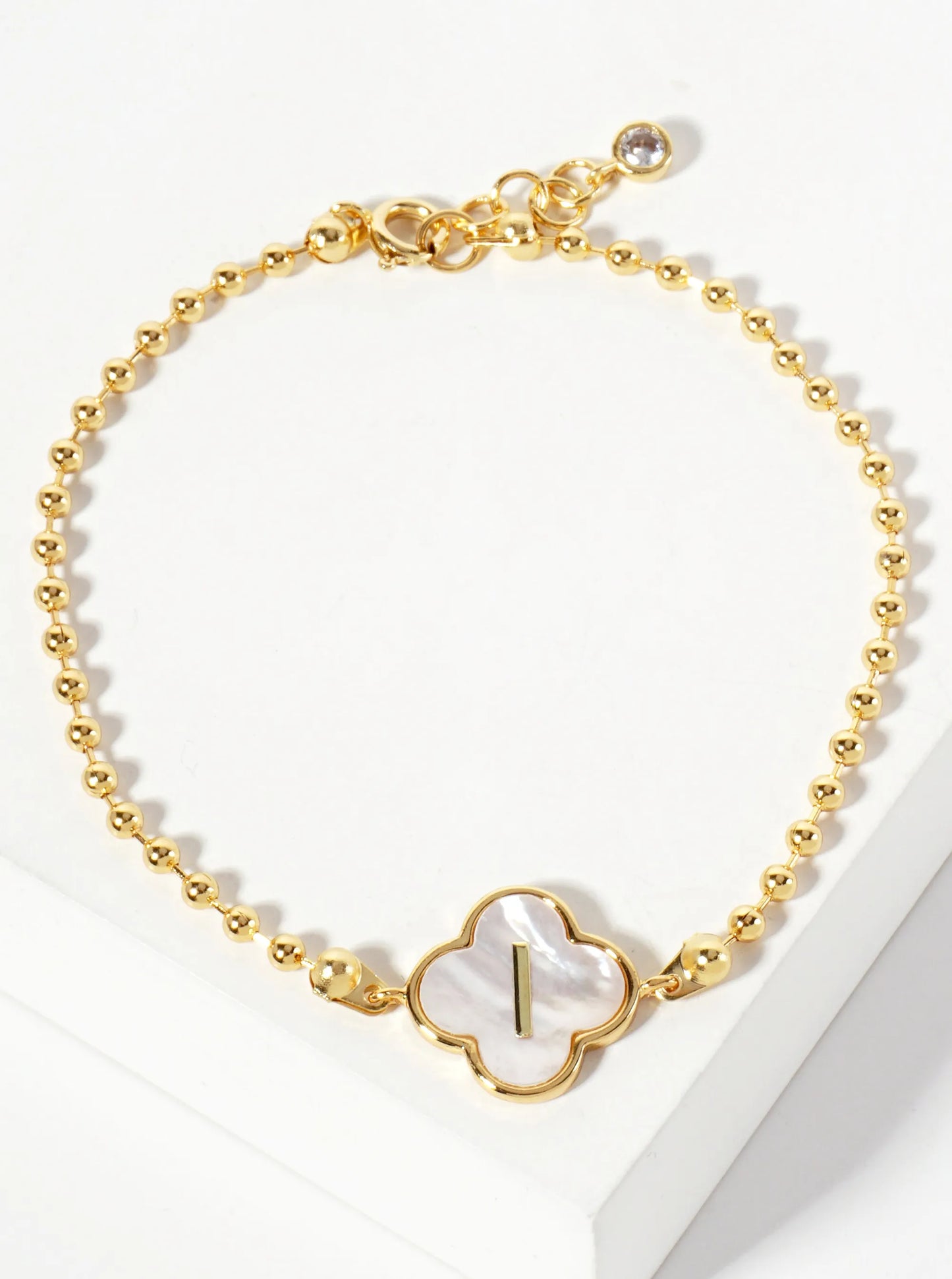 14mm 18K-Gold-Dipped Brass Mother-of-Pearl Quatrefoil Initial Monogram Ball-Chain Bracelet