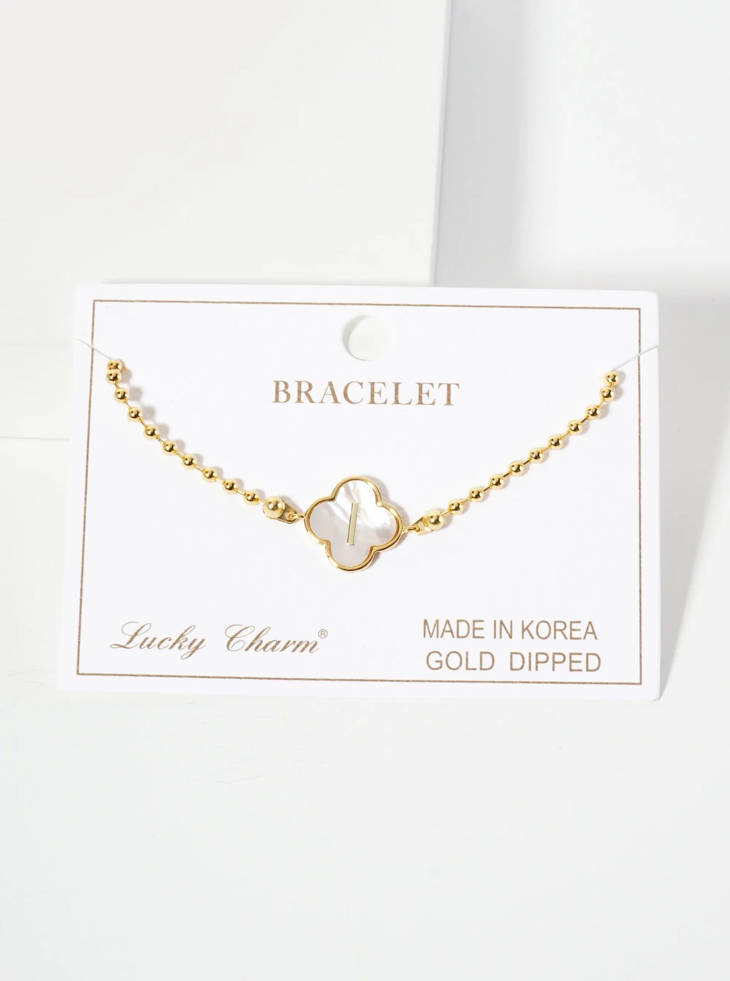 14mm 18K-Gold-Dipped Brass Mother-of-Pearl Quatrefoil Initial Monogram Ball-Chain Bracelet