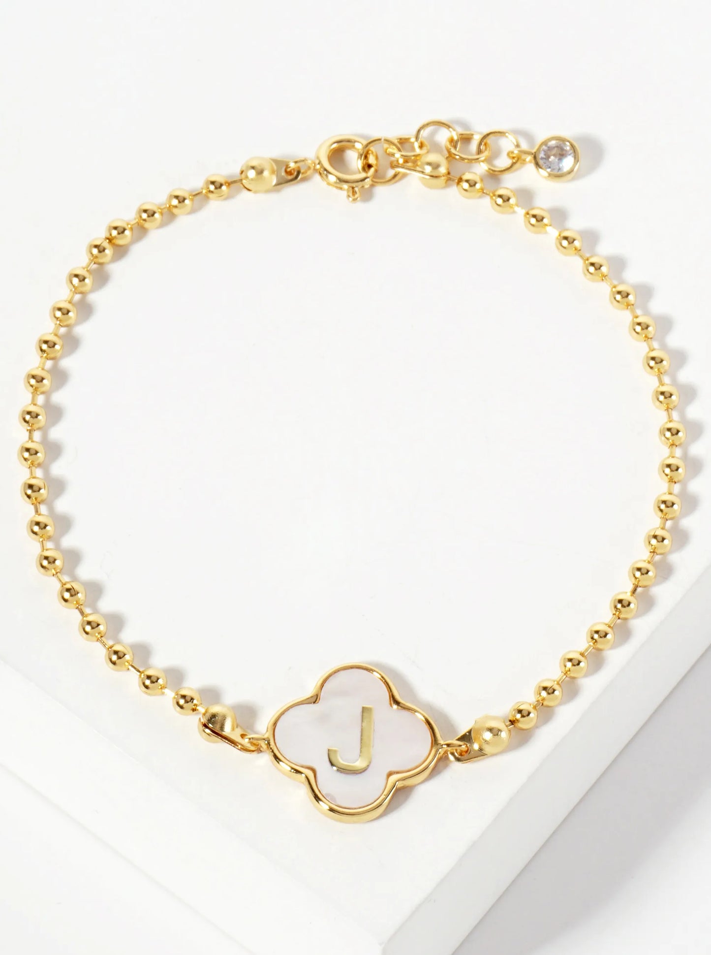 14mm 18K-Gold-Dipped Brass Mother-of-Pearl Quatrefoil Initial Monogram Ball-Chain Bracelet
