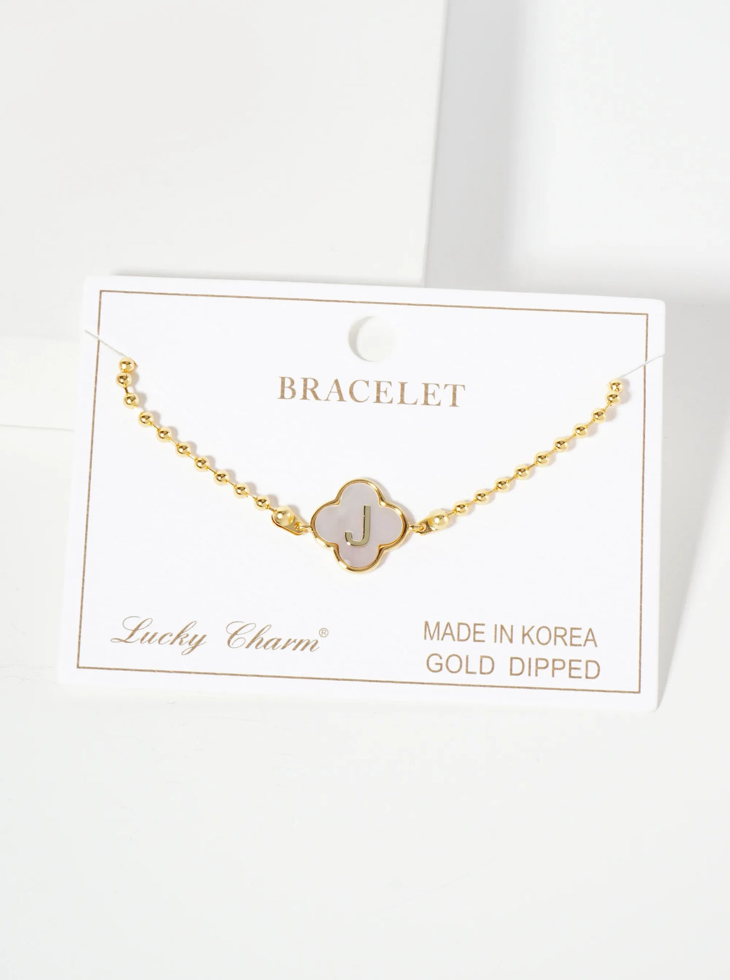 14mm 18K-Gold-Dipped Brass Mother-of-Pearl Quatrefoil Initial Monogram Ball-Chain Bracelet