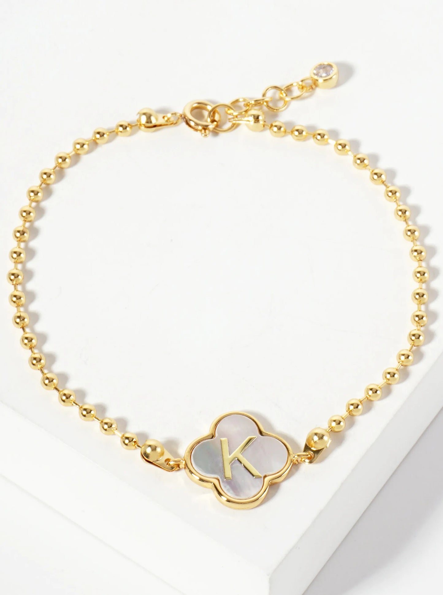 14mm 18K-Gold-Dipped Brass Mother-of-Pearl Quatrefoil Initial Monogram Ball-Chain Bracelet