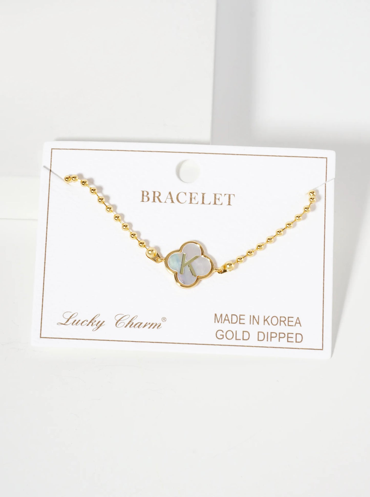 14mm 18K-Gold-Dipped Brass Mother-of-Pearl Quatrefoil Initial Monogram Ball-Chain Bracelet