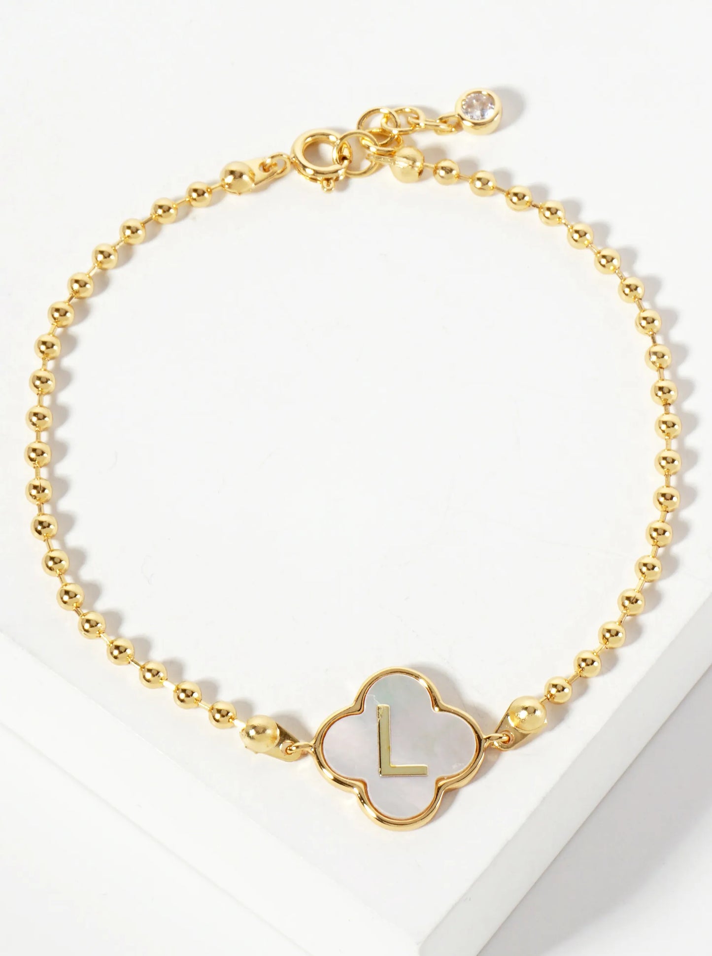 14mm 18K-Gold-Dipped Brass Mother-of-Pearl Quatrefoil Initial Monogram Ball-Chain Bracelet