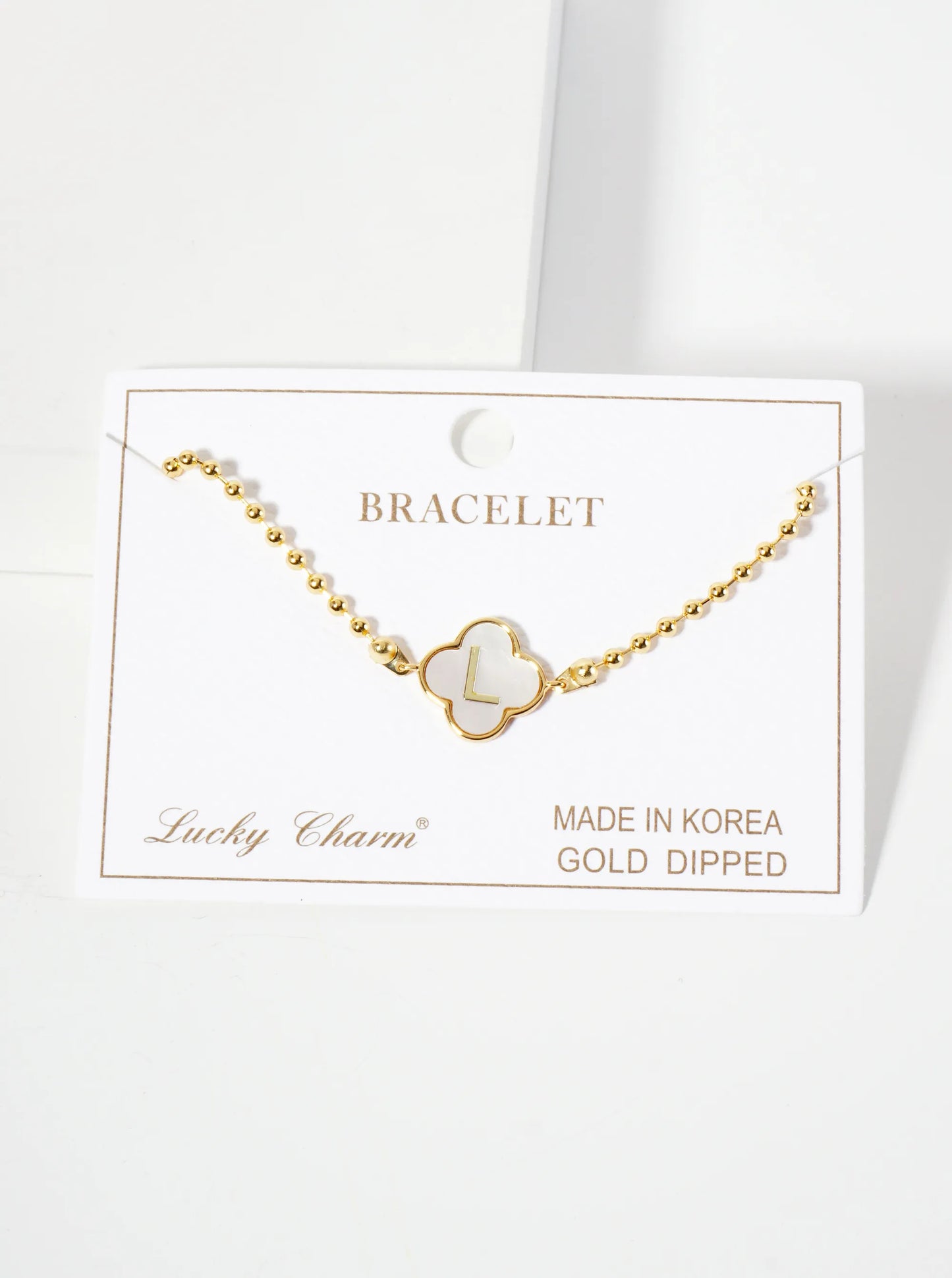14mm 18K-Gold-Dipped Brass Mother-of-Pearl Quatrefoil Initial Monogram Ball-Chain Bracelet