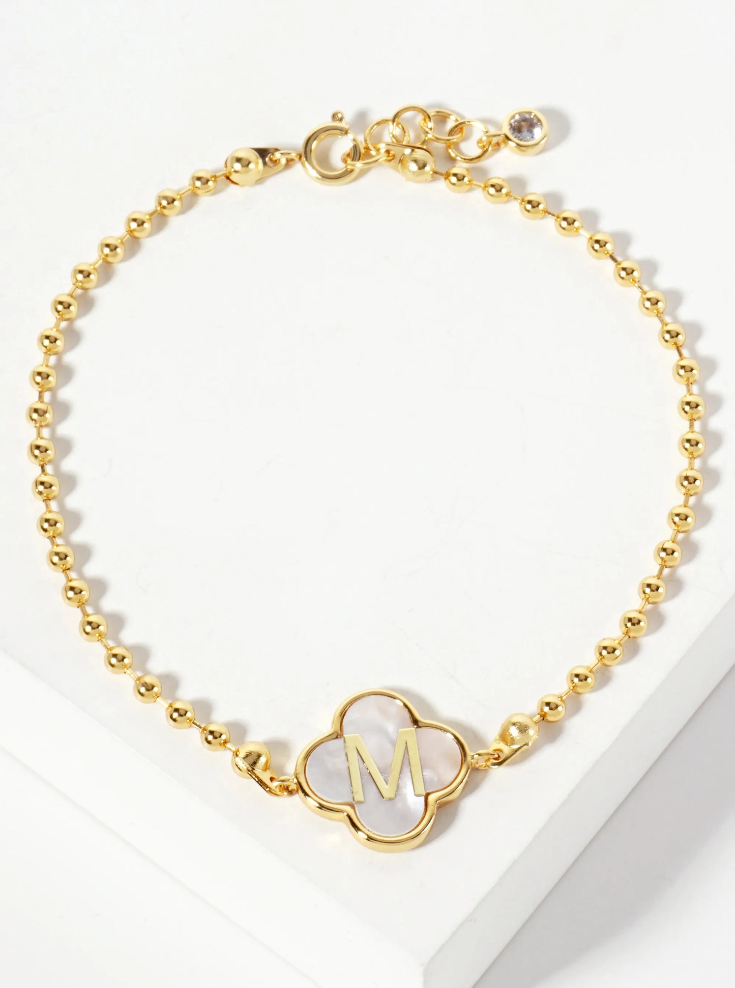 14mm 18K-Gold-Dipped Brass Mother-of-Pearl Quatrefoil Initial Monogram Ball-Chain Bracelet