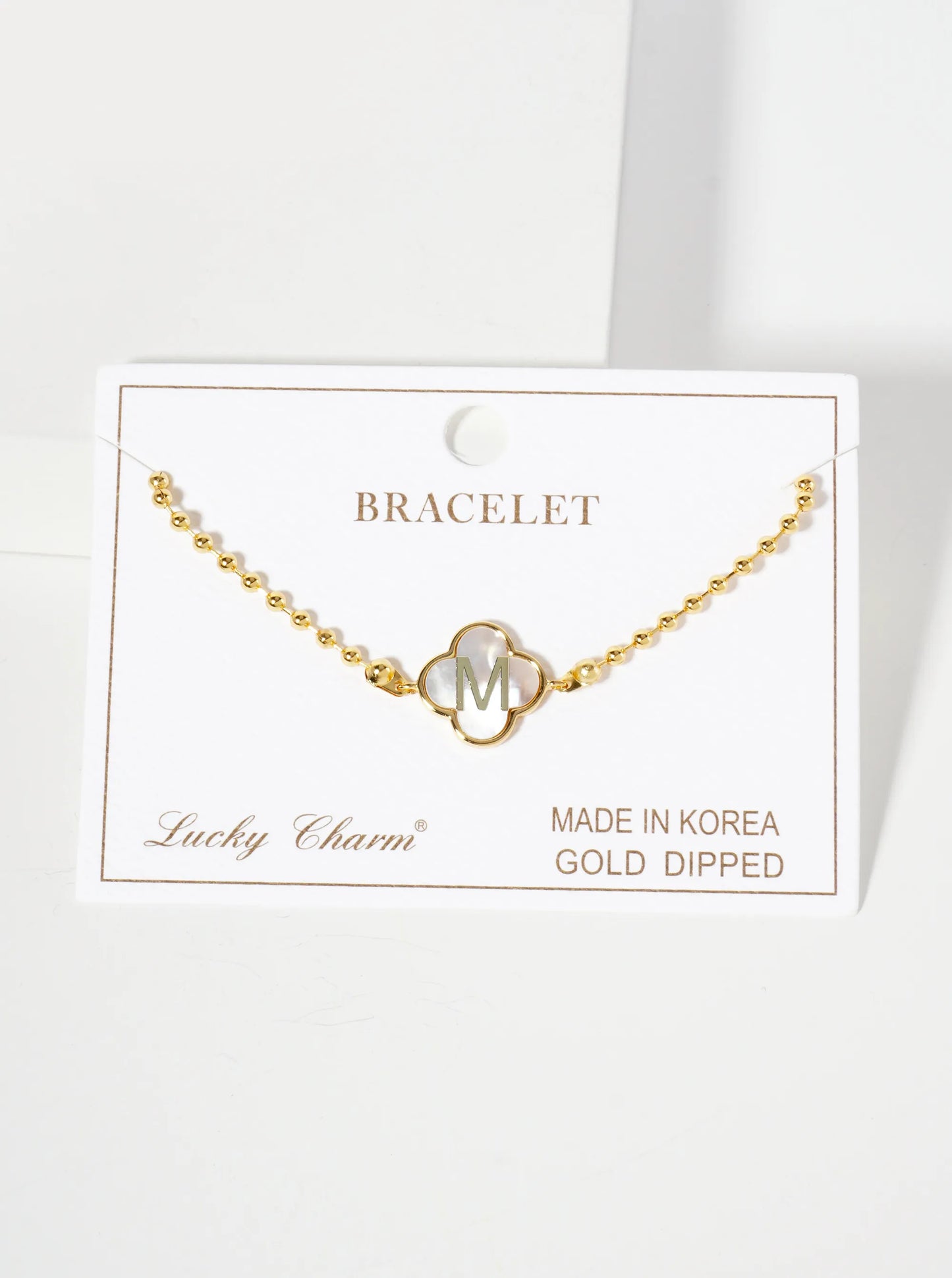 14mm 18K-Gold-Dipped Brass Mother-of-Pearl Quatrefoil Initial Monogram Ball-Chain Bracelet