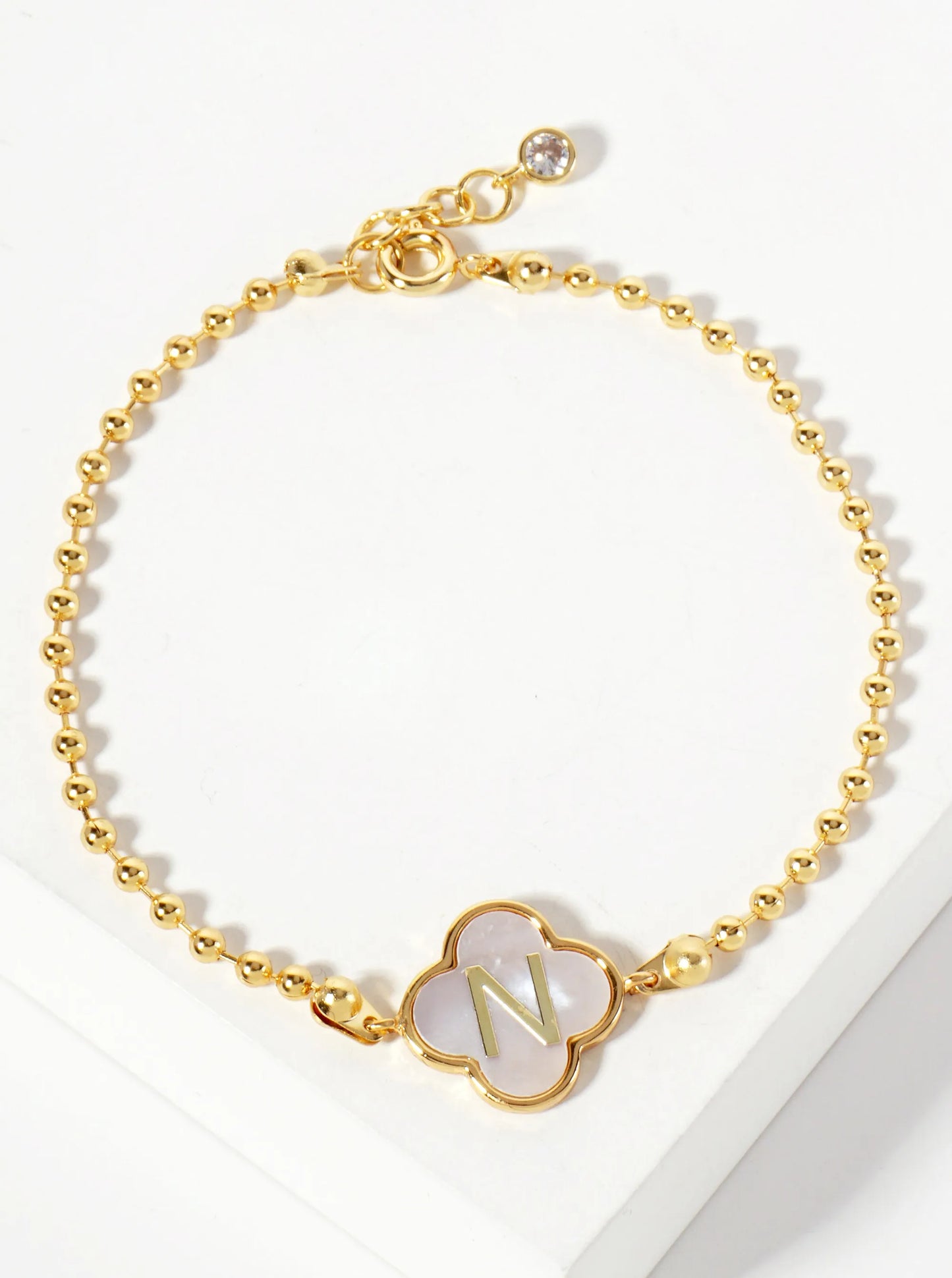 14mm 18K-Gold-Dipped Brass Mother-of-Pearl Quatrefoil Initial Monogram Ball-Chain Bracelet