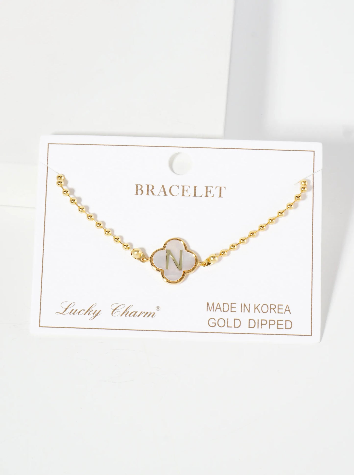 14mm 18K-Gold-Dipped Brass Mother-of-Pearl Quatrefoil Initial Monogram Ball-Chain Bracelet