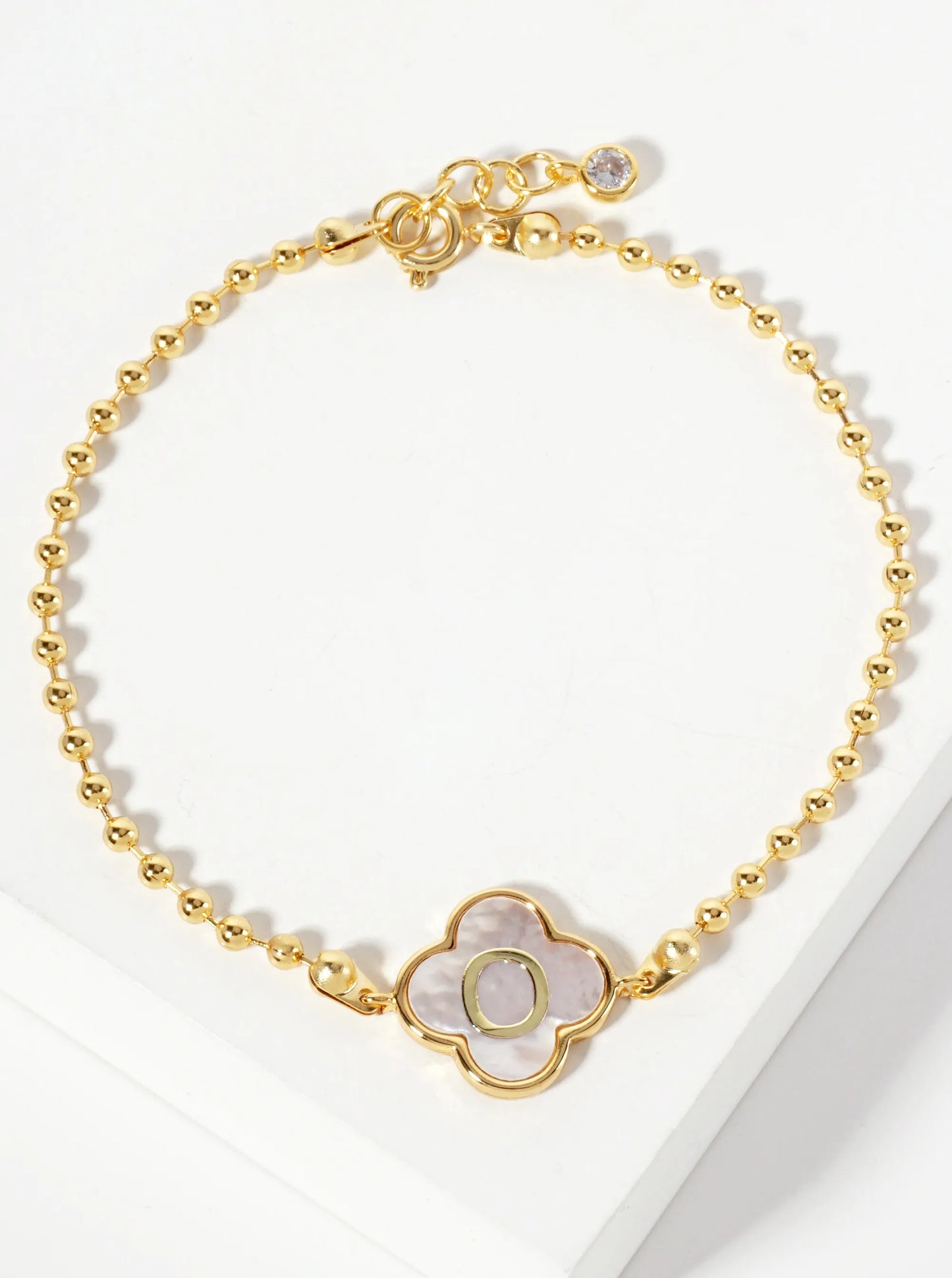 14mm 18K-Gold-Dipped Brass Mother-of-Pearl Quatrefoil Initial Monogram Ball-Chain Bracelet