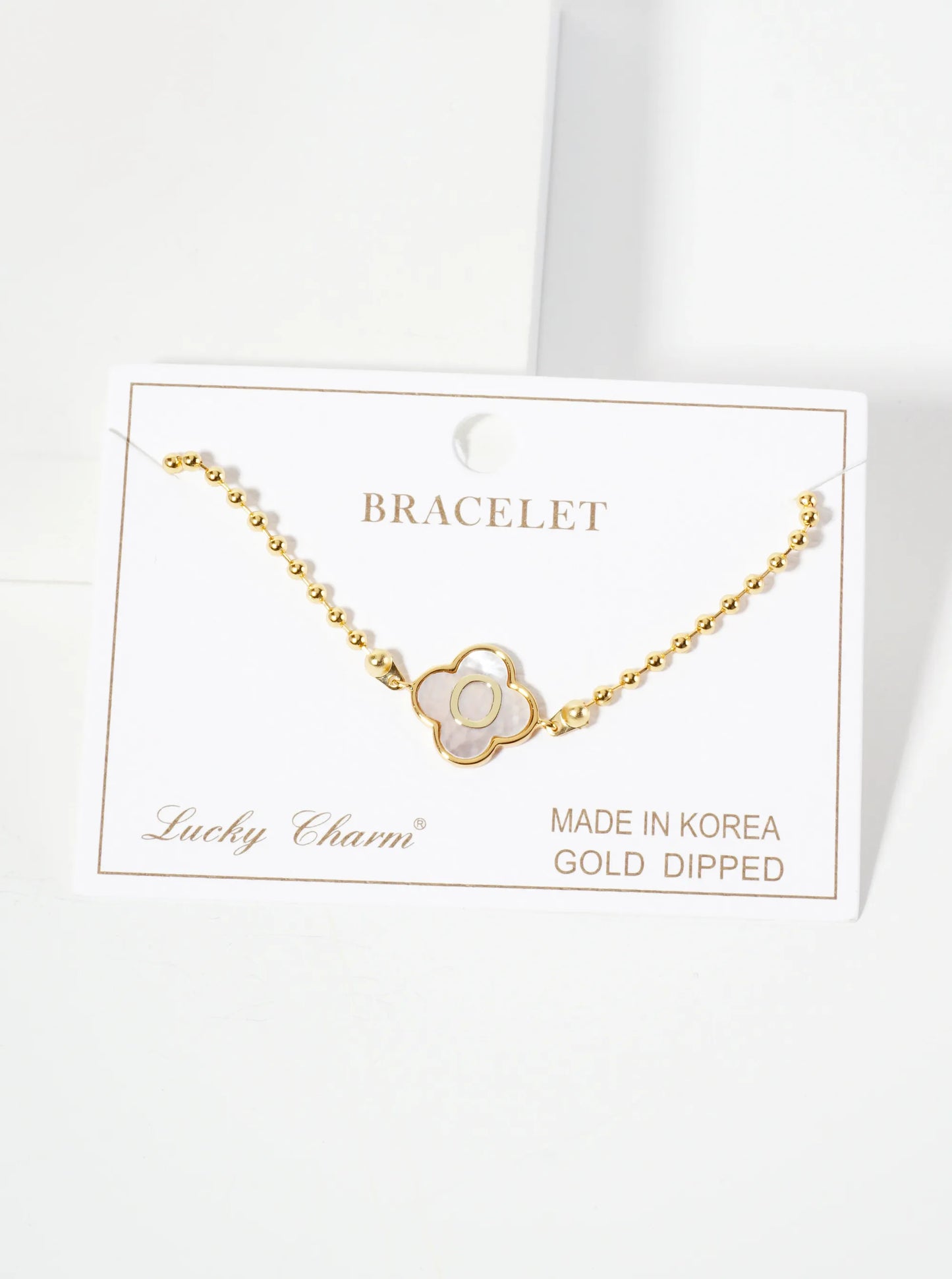 14mm 18K-Gold-Dipped Brass Mother-of-Pearl Quatrefoil Initial Monogram Ball-Chain Bracelet