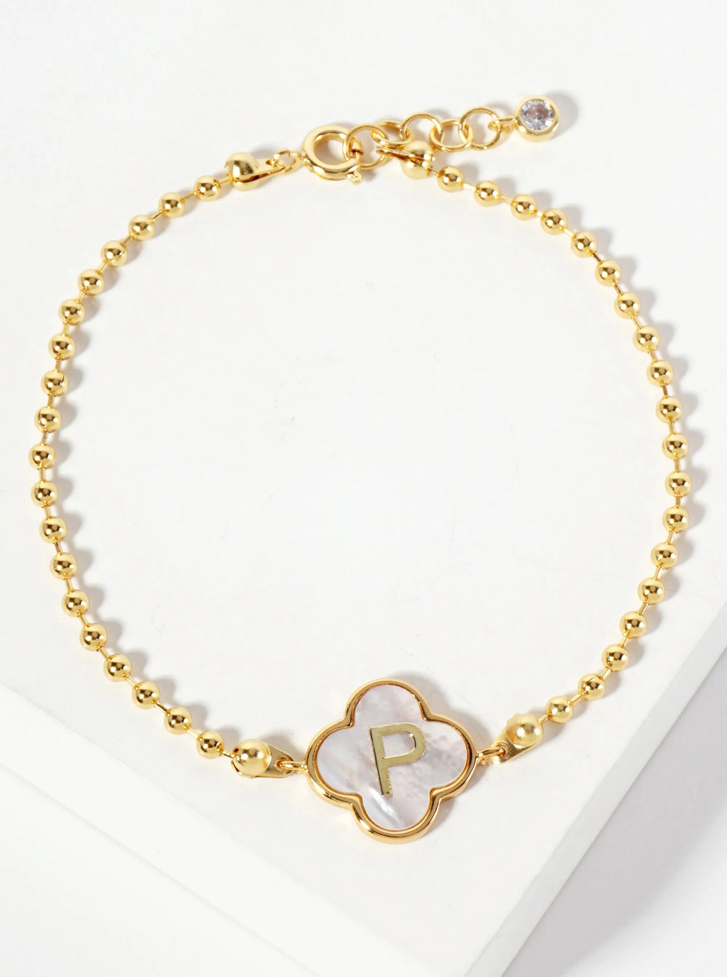 14mm 18K-Gold-Dipped Brass Mother-of-Pearl Quatrefoil Initial Monogram Ball-Chain Bracelet