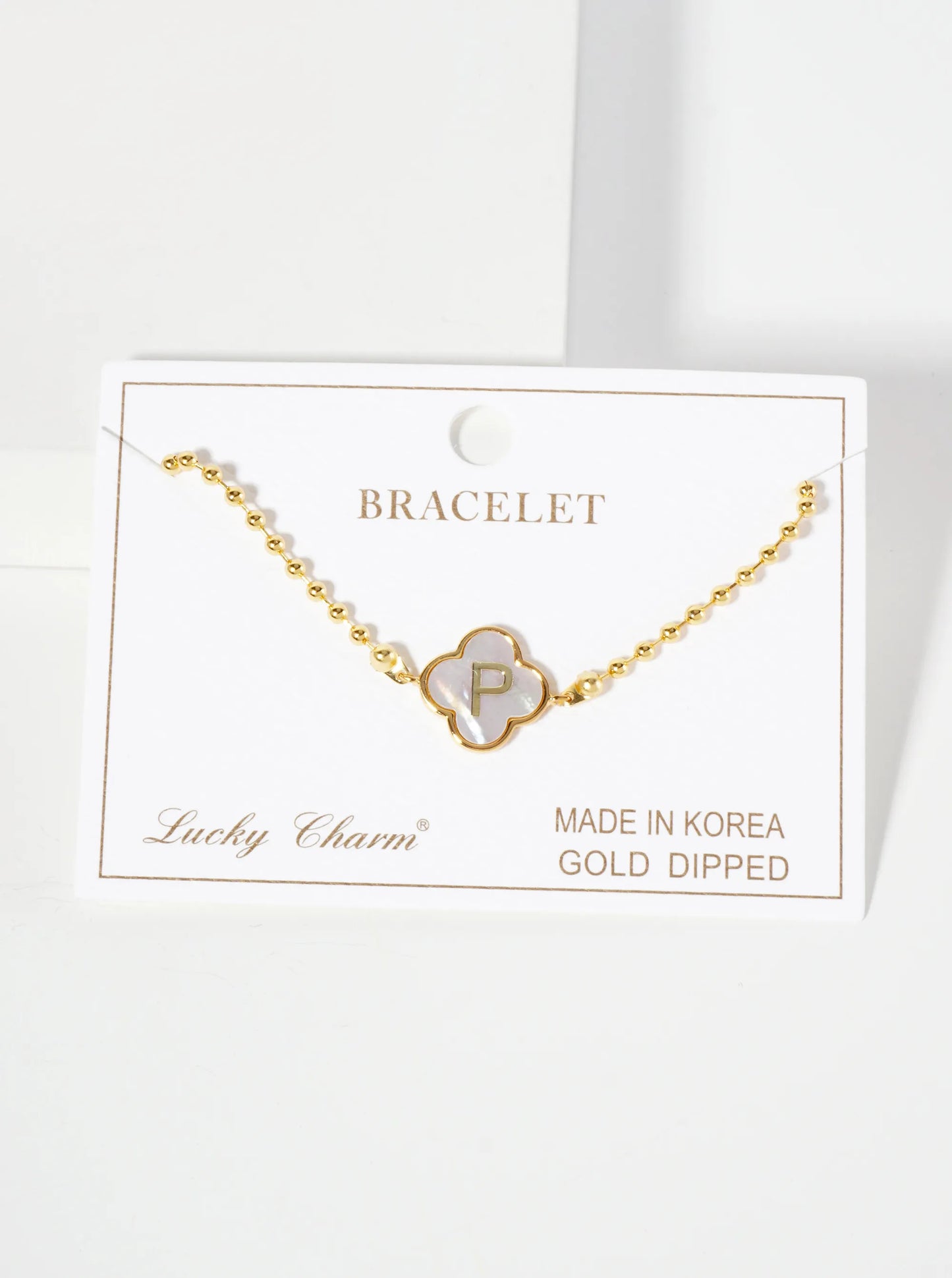 14mm 18K-Gold-Dipped Brass Mother-of-Pearl Quatrefoil Initial Monogram Ball-Chain Bracelet