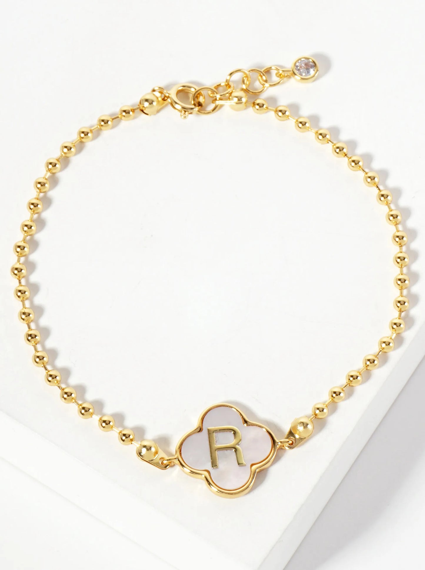 14mm 18K-Gold-Dipped Brass Mother-of-Pearl Quatrefoil Initial Monogram Ball-Chain Bracelet