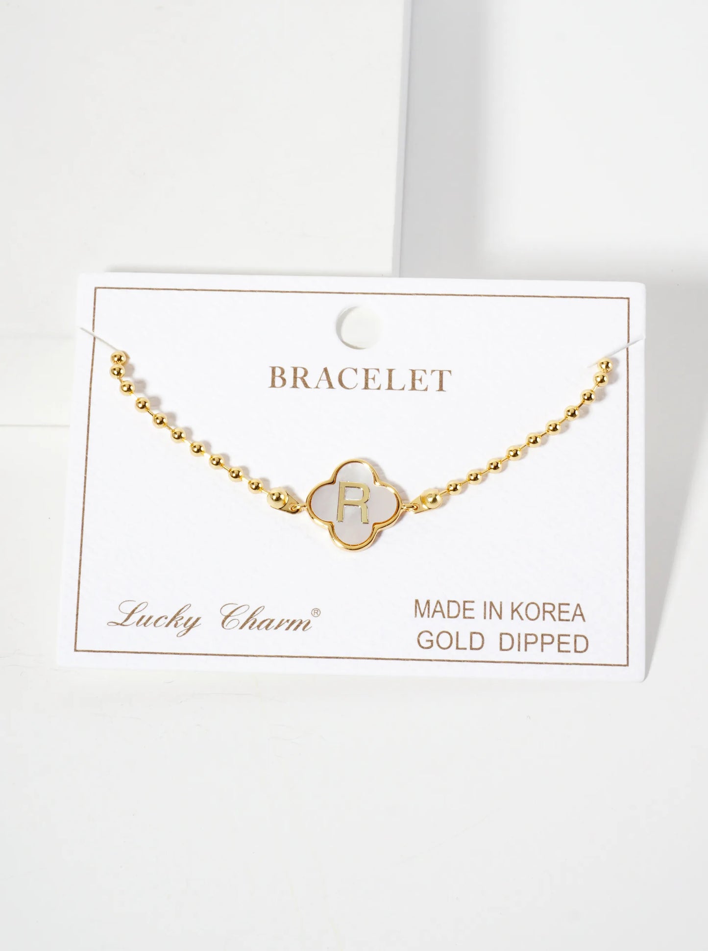 14mm 18K-Gold-Dipped Brass Mother-of-Pearl Quatrefoil Initial Monogram Ball-Chain Bracelet