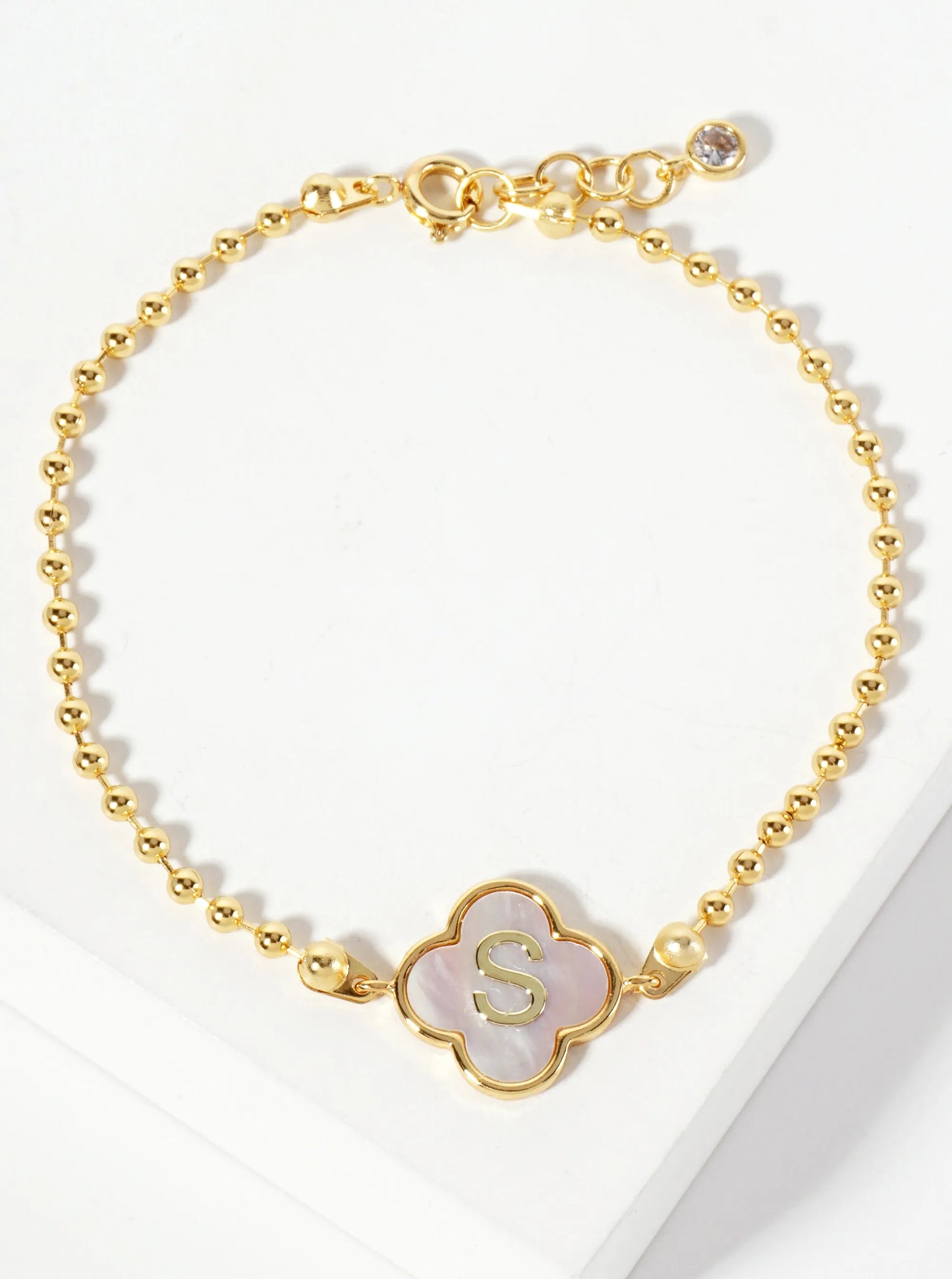 14mm 18K-Gold-Dipped Brass Mother-of-Pearl Quatrefoil Initial Monogram Ball-Chain Bracelet