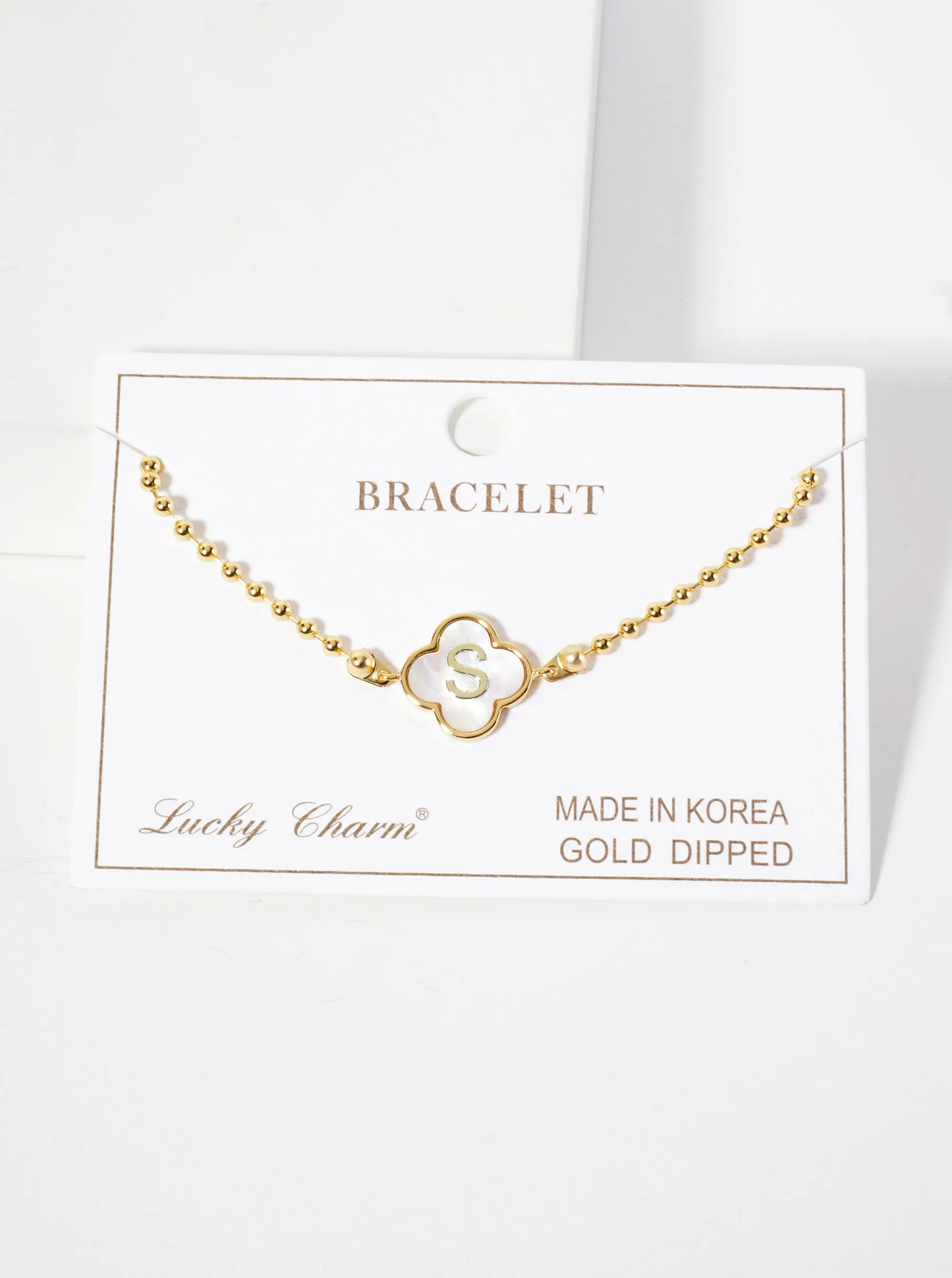 14mm 18K-Gold-Dipped Brass Mother-of-Pearl Quatrefoil Initial Monogram Ball-Chain Bracelet