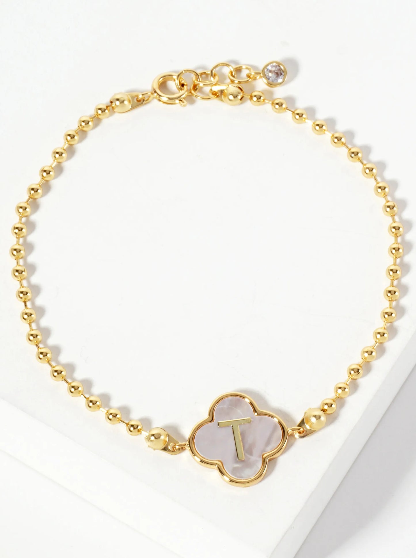 14mm 18K-Gold-Dipped Brass Mother-of-Pearl Quatrefoil Initial Monogram Ball-Chain Bracelet