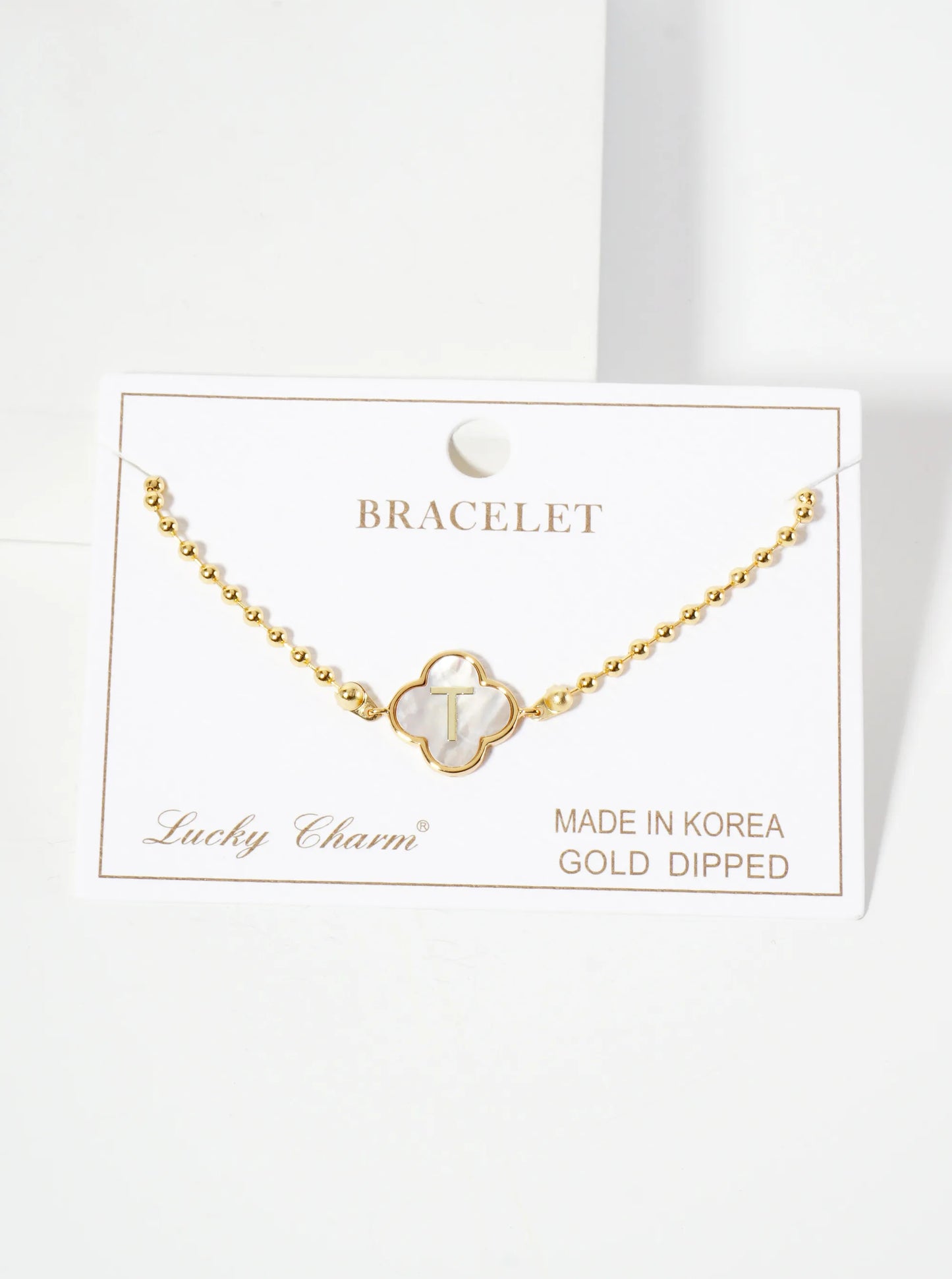 14mm 18K-Gold-Dipped Brass Mother-of-Pearl Quatrefoil Initial Monogram Ball-Chain Bracelet