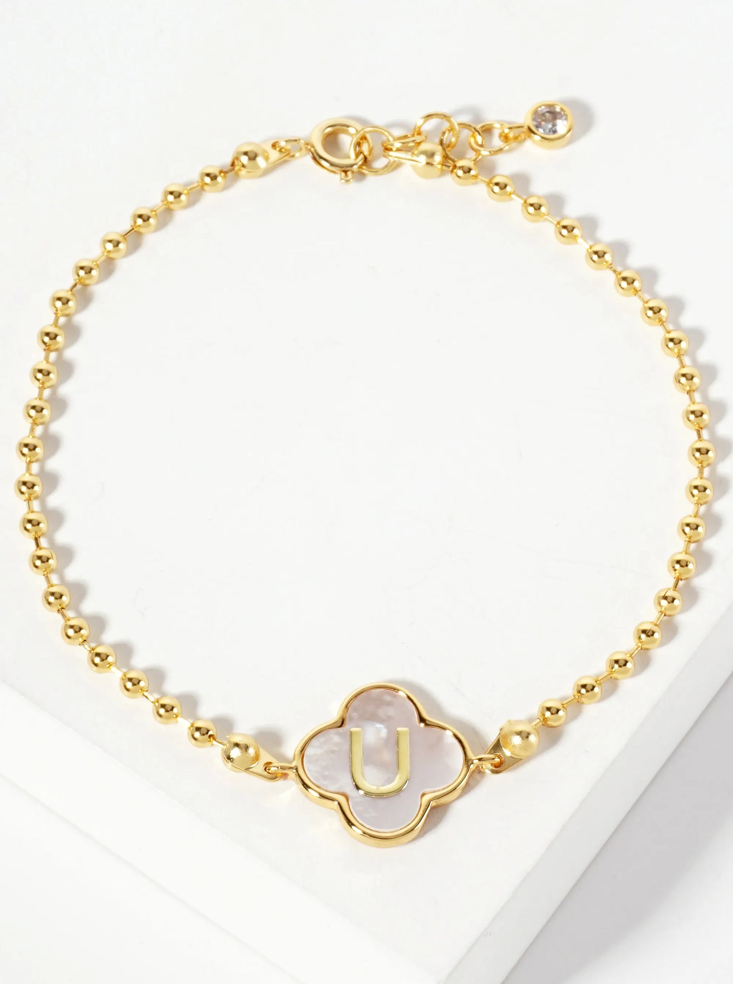 14mm 18K-Gold-Dipped Brass Mother-of-Pearl Quatrefoil Initial Monogram Ball-Chain Bracelet