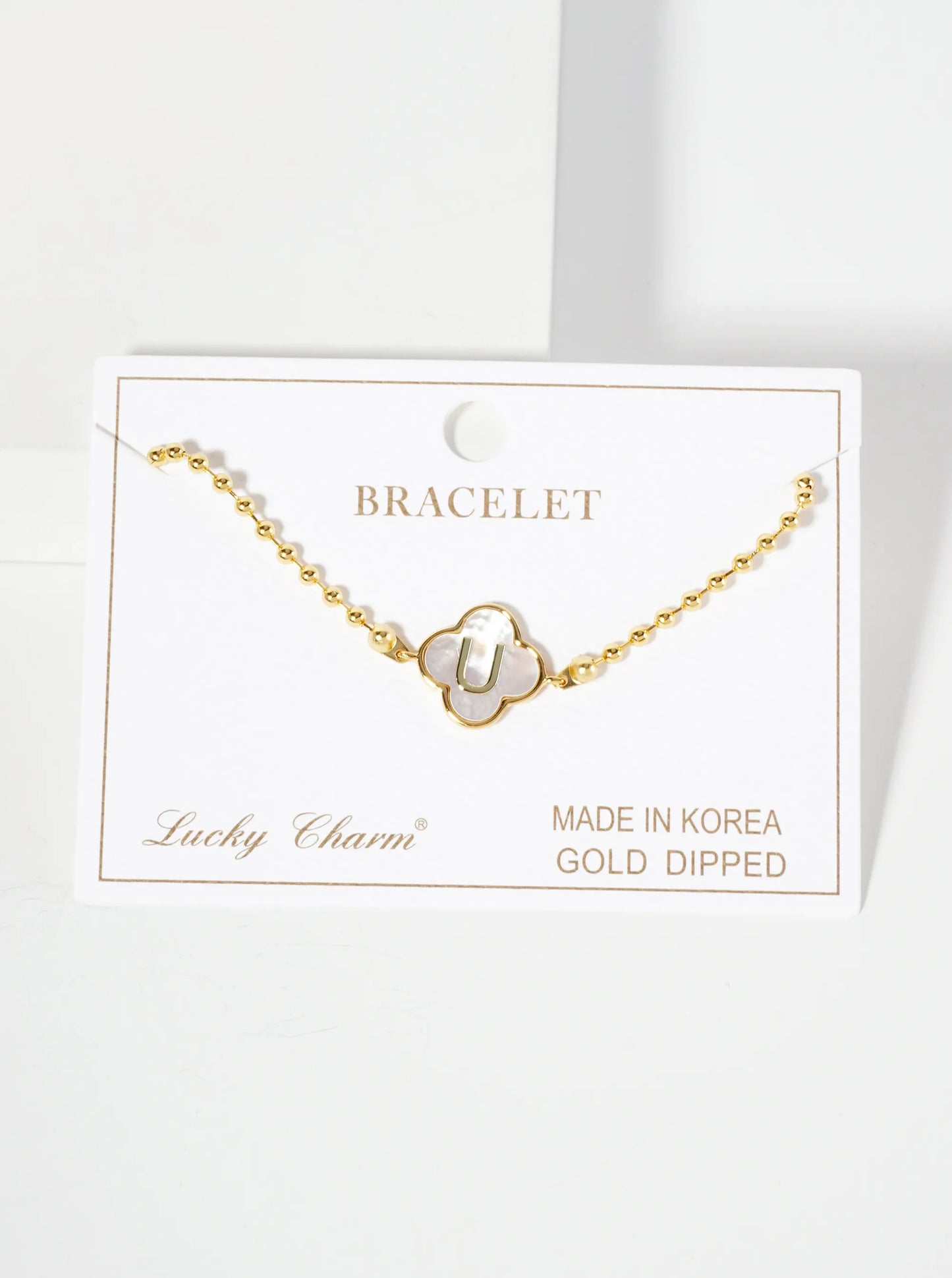 14mm 18K-Gold-Dipped Brass Mother-of-Pearl Quatrefoil Initial Monogram Ball-Chain Bracelet
