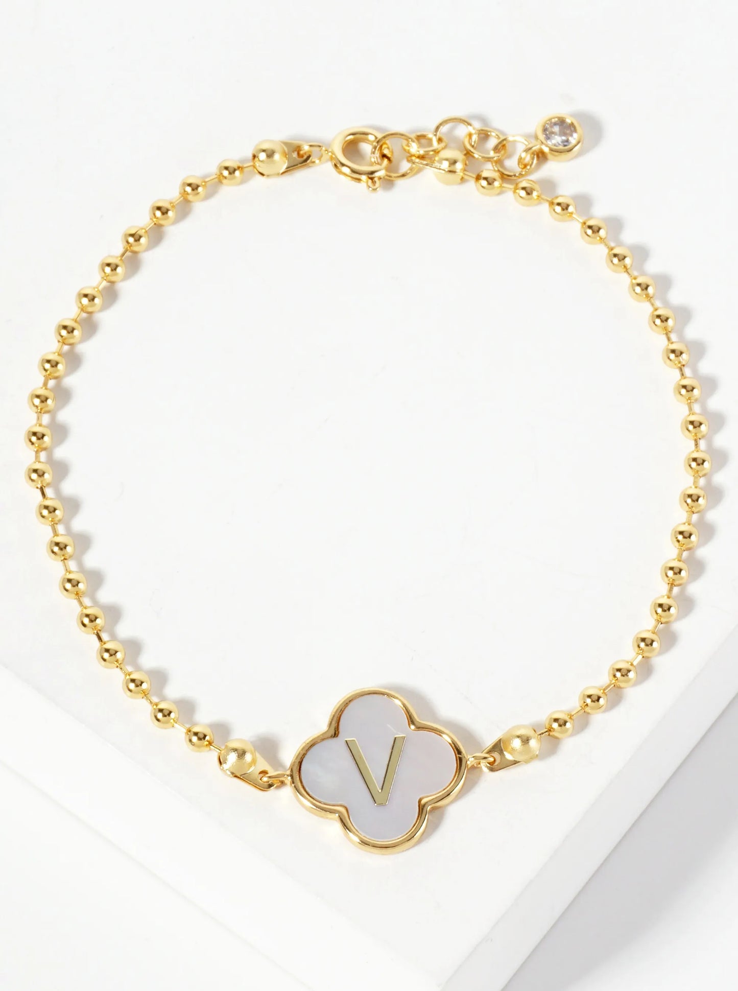 14mm 18K-Gold-Dipped Brass Mother-of-Pearl Quatrefoil Initial Monogram Ball-Chain Bracelet