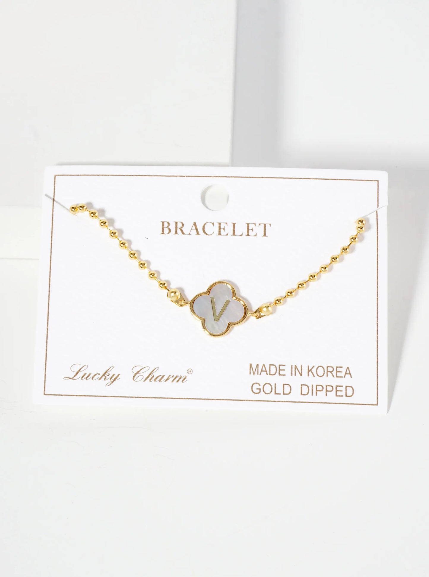14mm 18K-Gold-Dipped Brass Mother-of-Pearl Quatrefoil Initial Monogram Ball-Chain Bracelet