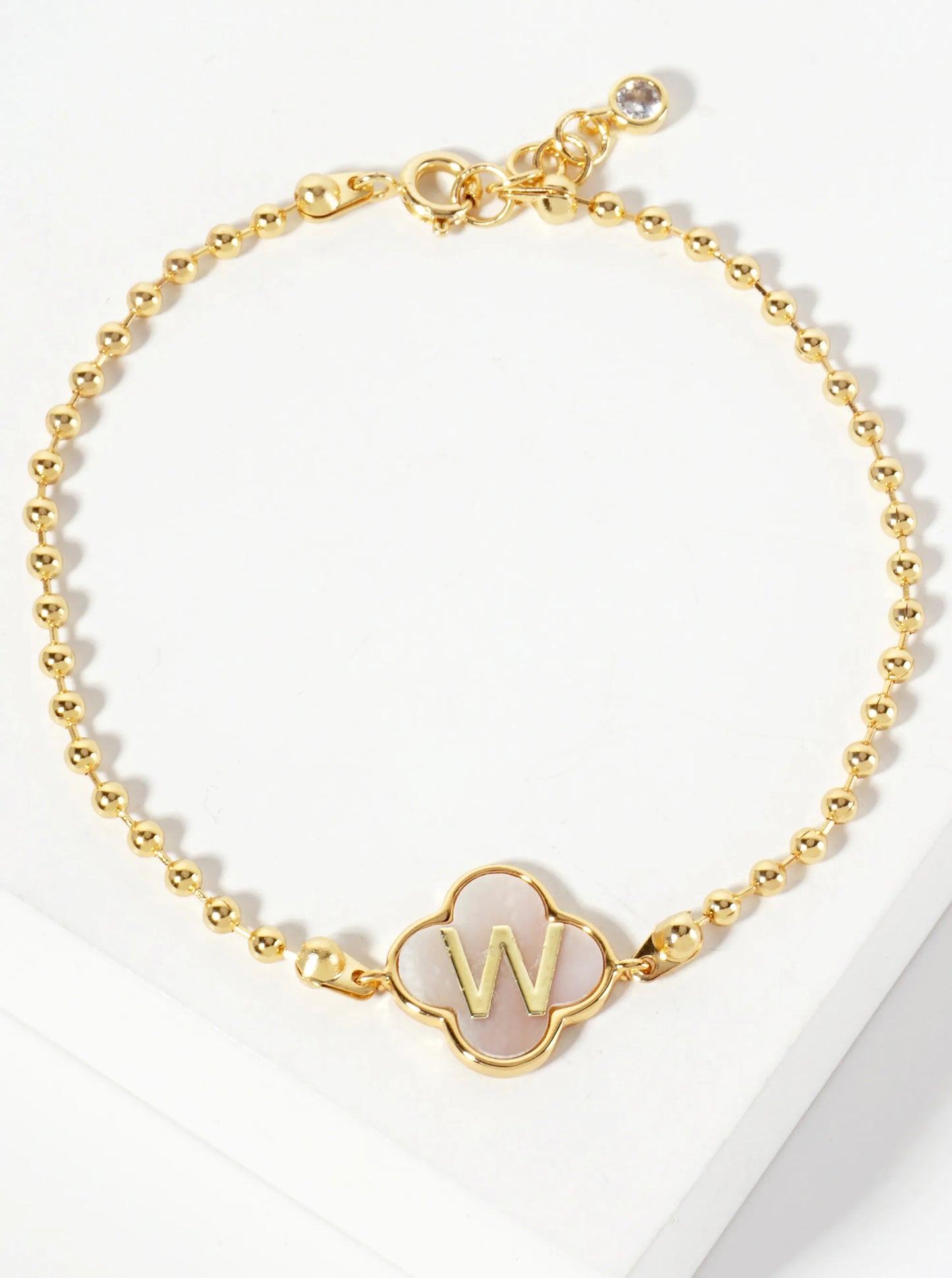 14mm 18K-Gold-Dipped Brass Mother-of-Pearl Quatrefoil Initial Monogram Ball-Chain Bracelet