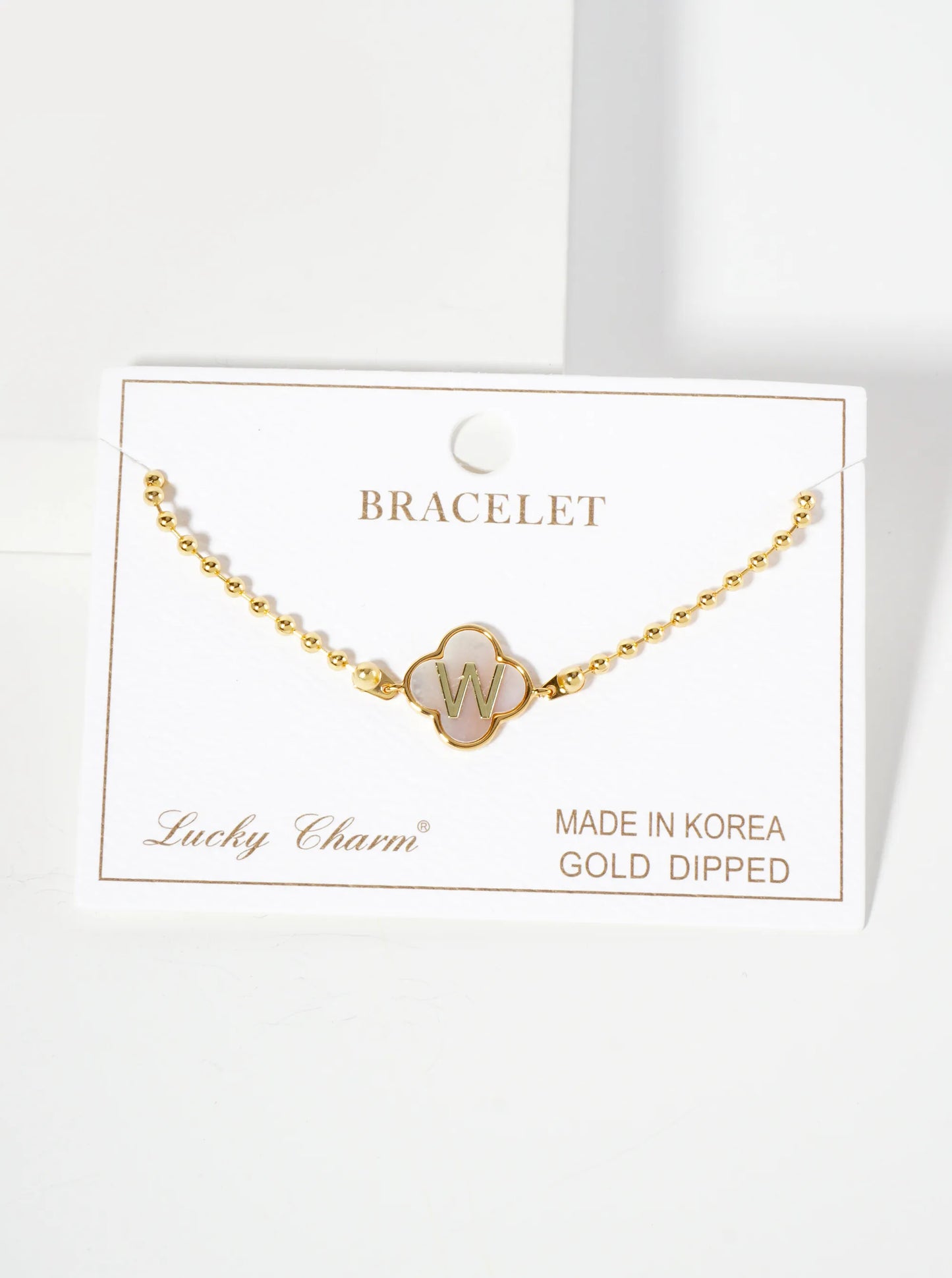 14mm 18K-Gold-Dipped Brass Mother-of-Pearl Quatrefoil Initial Monogram Ball-Chain Bracelet